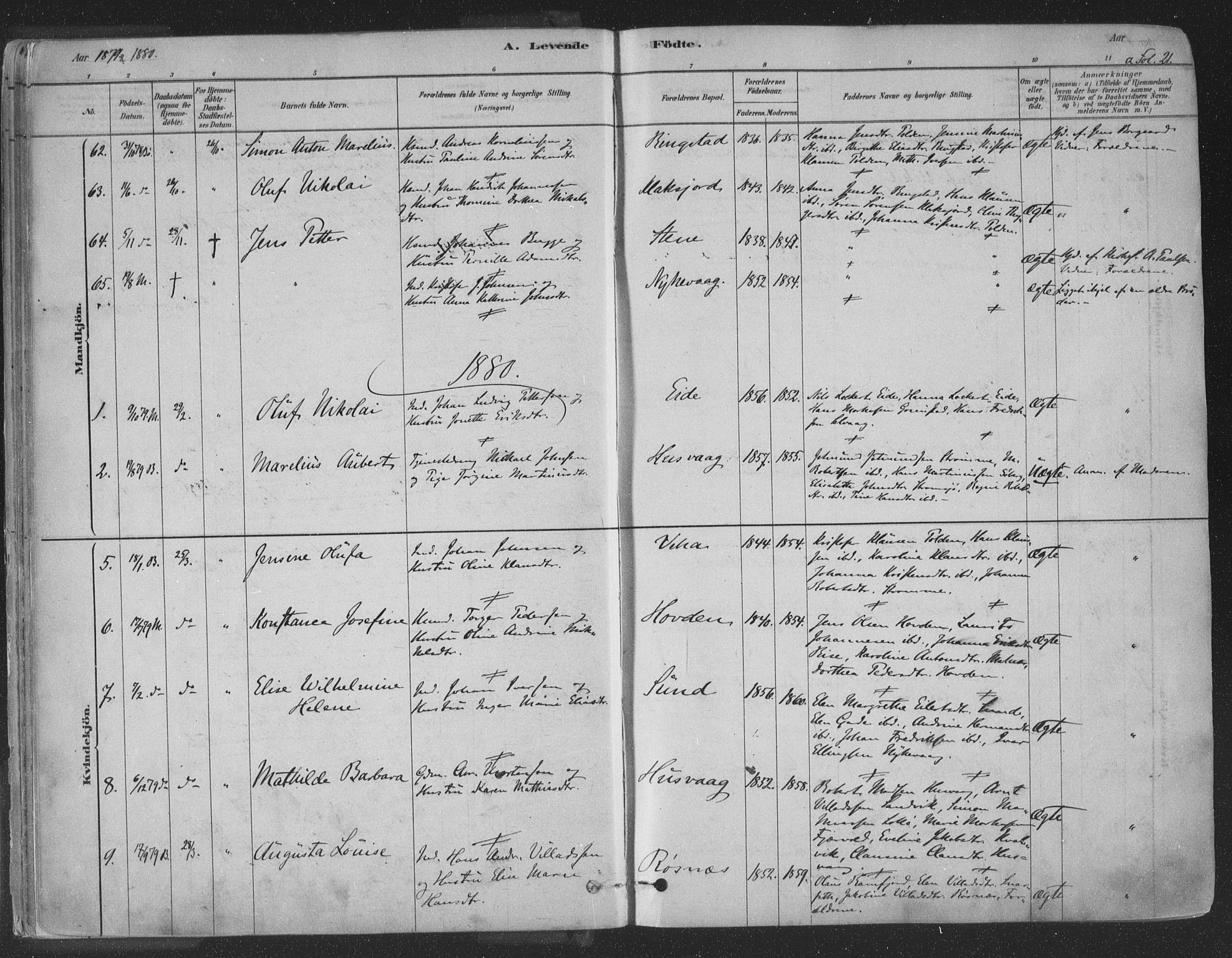 Ministerialprotokoller, klokkerbøker og fødselsregistre - Nordland, AV/SAT-A-1459/891/L1302: Parish register (official) no. 891A07, 1878-1895, p. 21