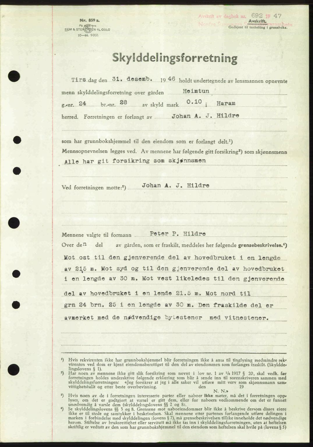 Nordre Sunnmøre sorenskriveri, AV/SAT-A-0006/1/2/2C/2Ca: Mortgage book no. A24, 1947-1947, Diary no: : 692/1947