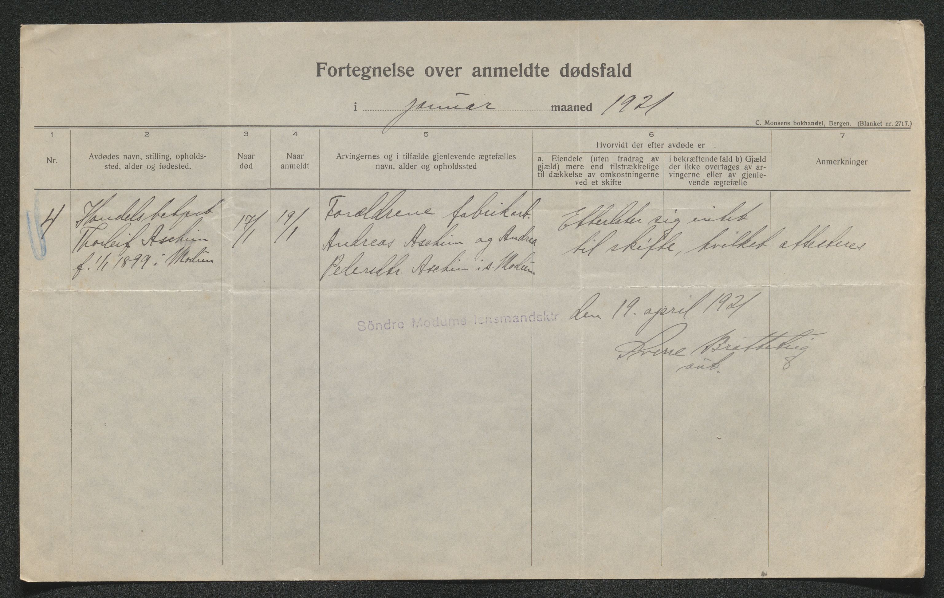 Eiker, Modum og Sigdal sorenskriveri, AV/SAKO-A-123/H/Ha/Hab/L0040: Dødsfallsmeldinger, 1920-1921, p. 913