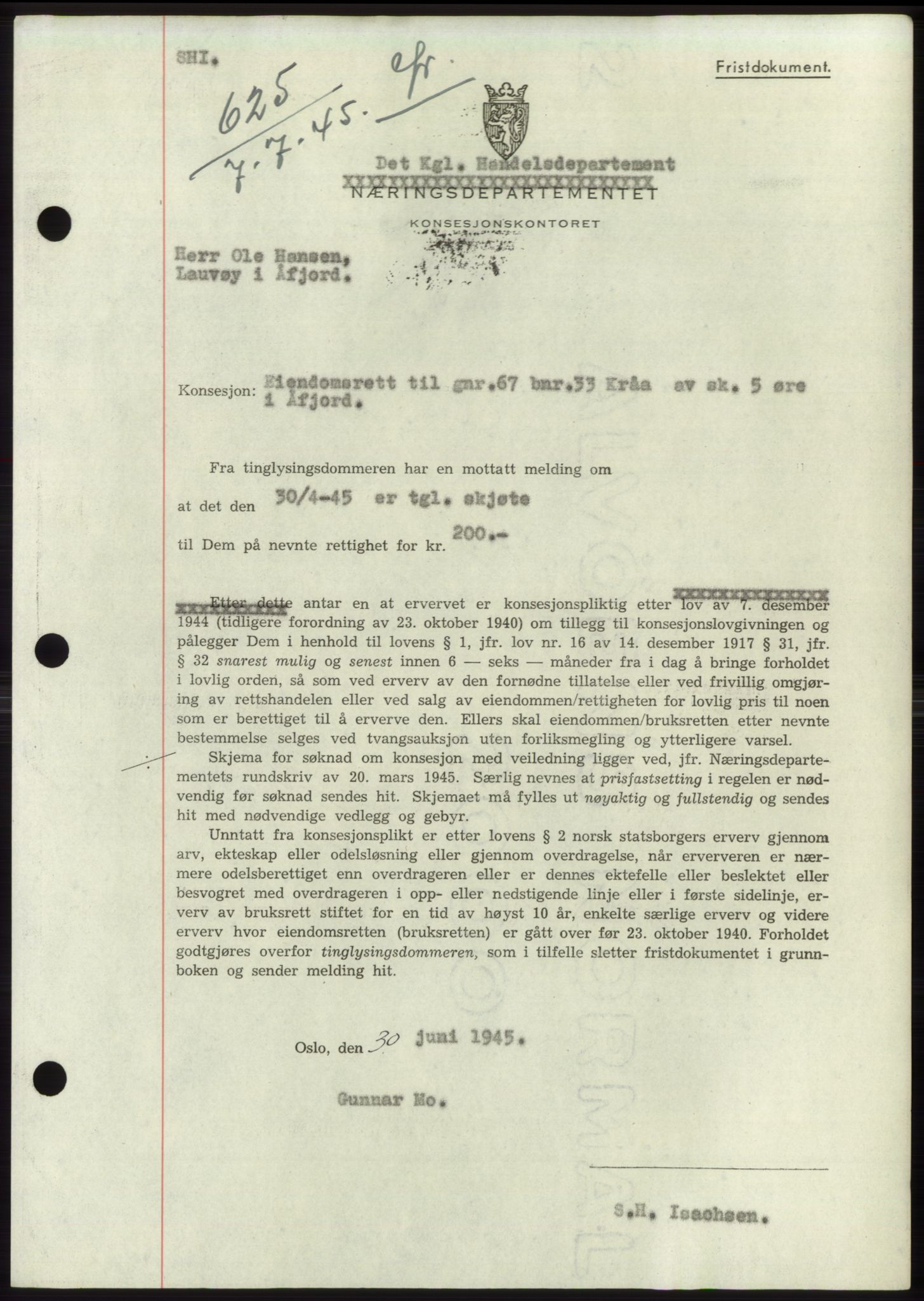 Fosen sorenskriveri, AV/SAT-A-1107/1/2/2C: Mortgage book no. B1, 1943-1946, Diary no: : 625/1945