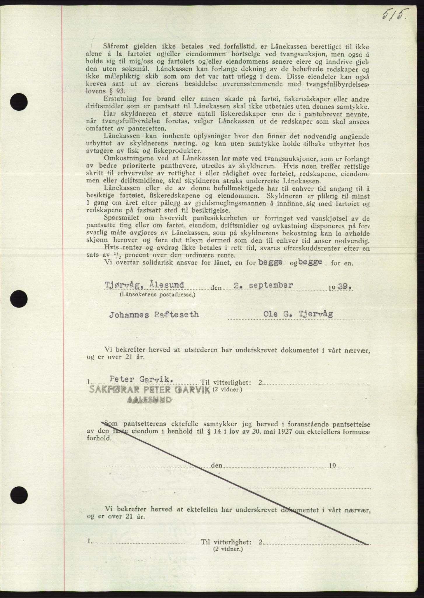 Søre Sunnmøre sorenskriveri, AV/SAT-A-4122/1/2/2C/L0068: Mortgage book no. 62, 1939-1939, Diary no: : 1376/1939