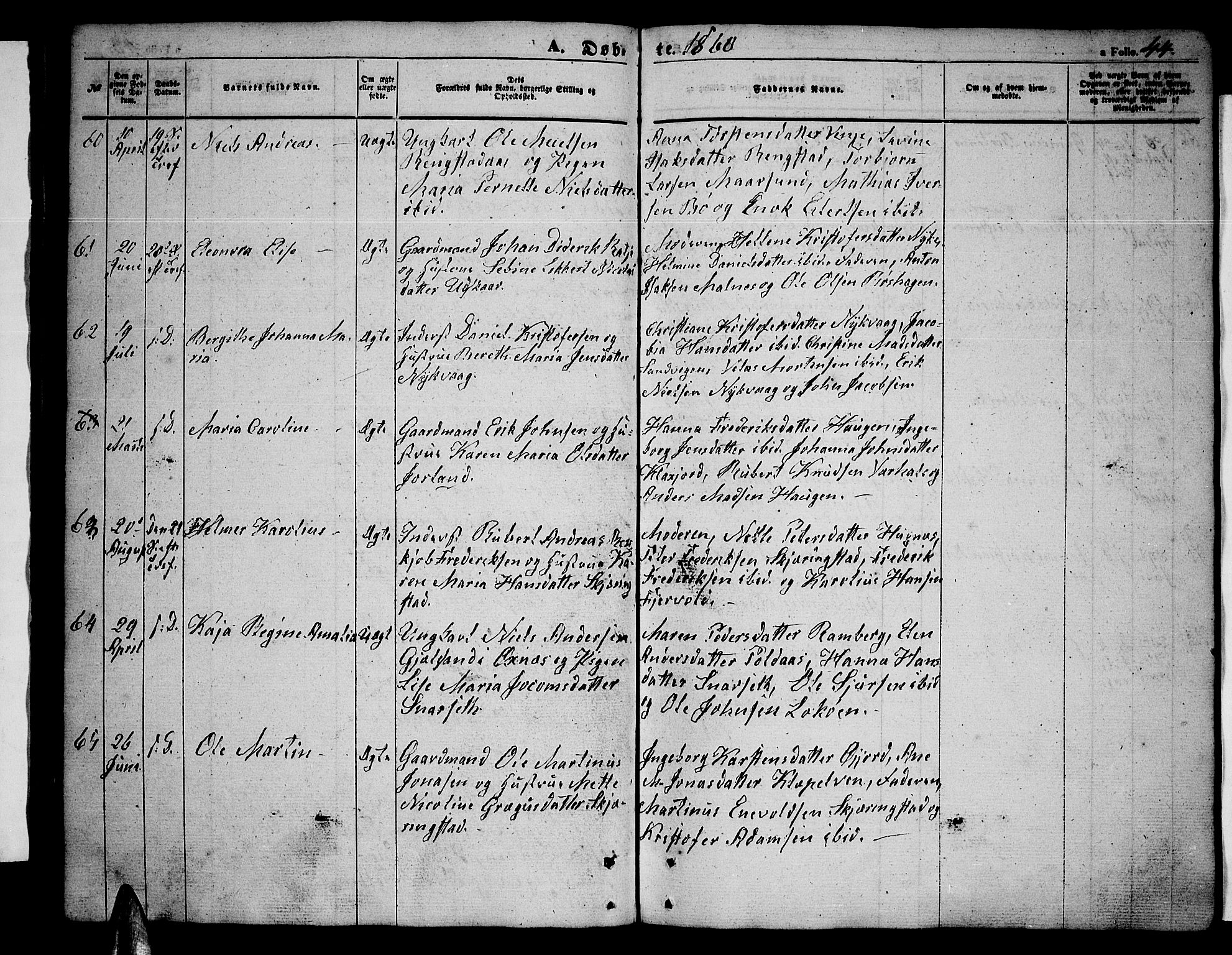 Ministerialprotokoller, klokkerbøker og fødselsregistre - Nordland, AV/SAT-A-1459/891/L1313: Parish register (copy) no. 891C02, 1856-1870, p. 44