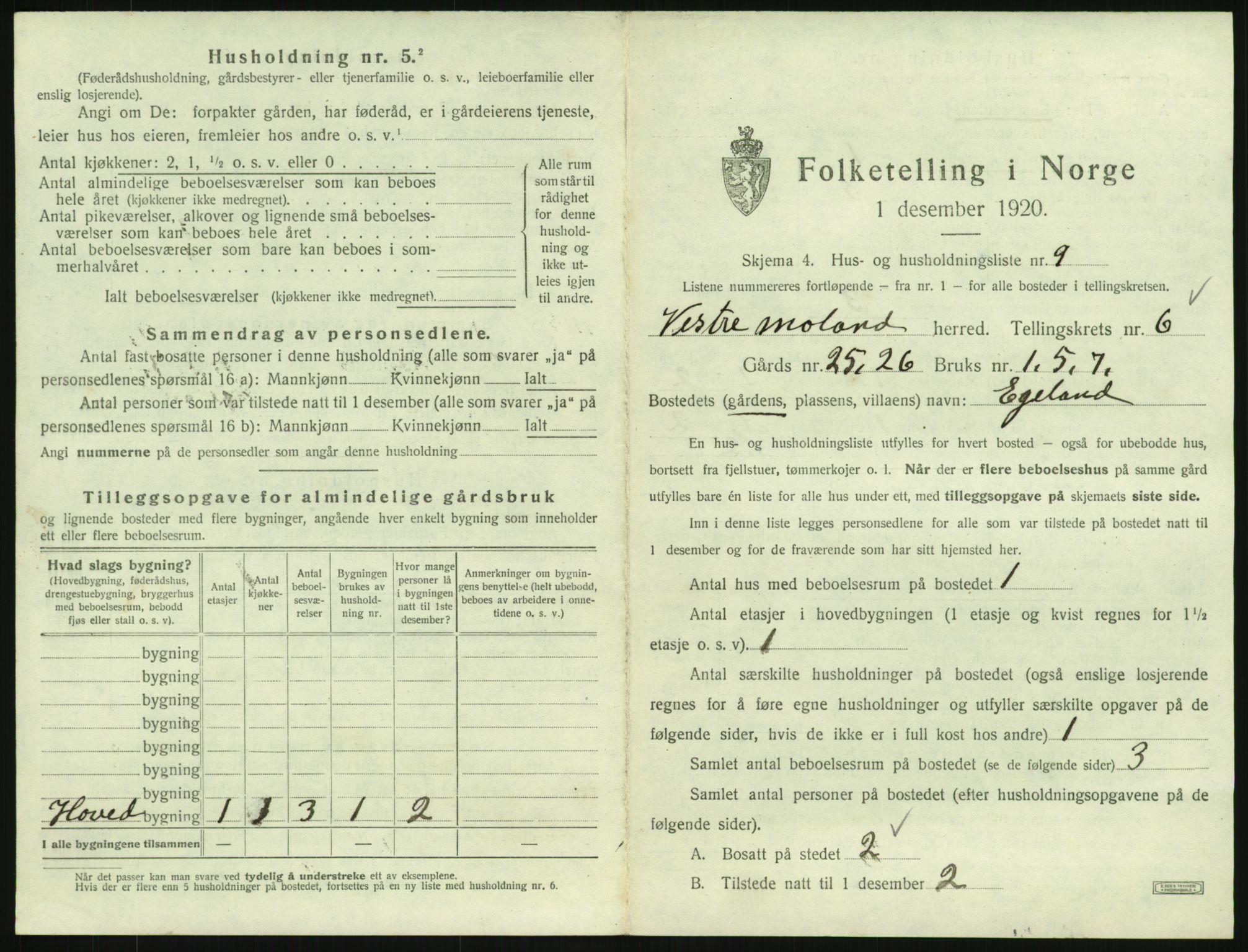 SAK, 1920 census for Vestre Moland, 1920, p. 835