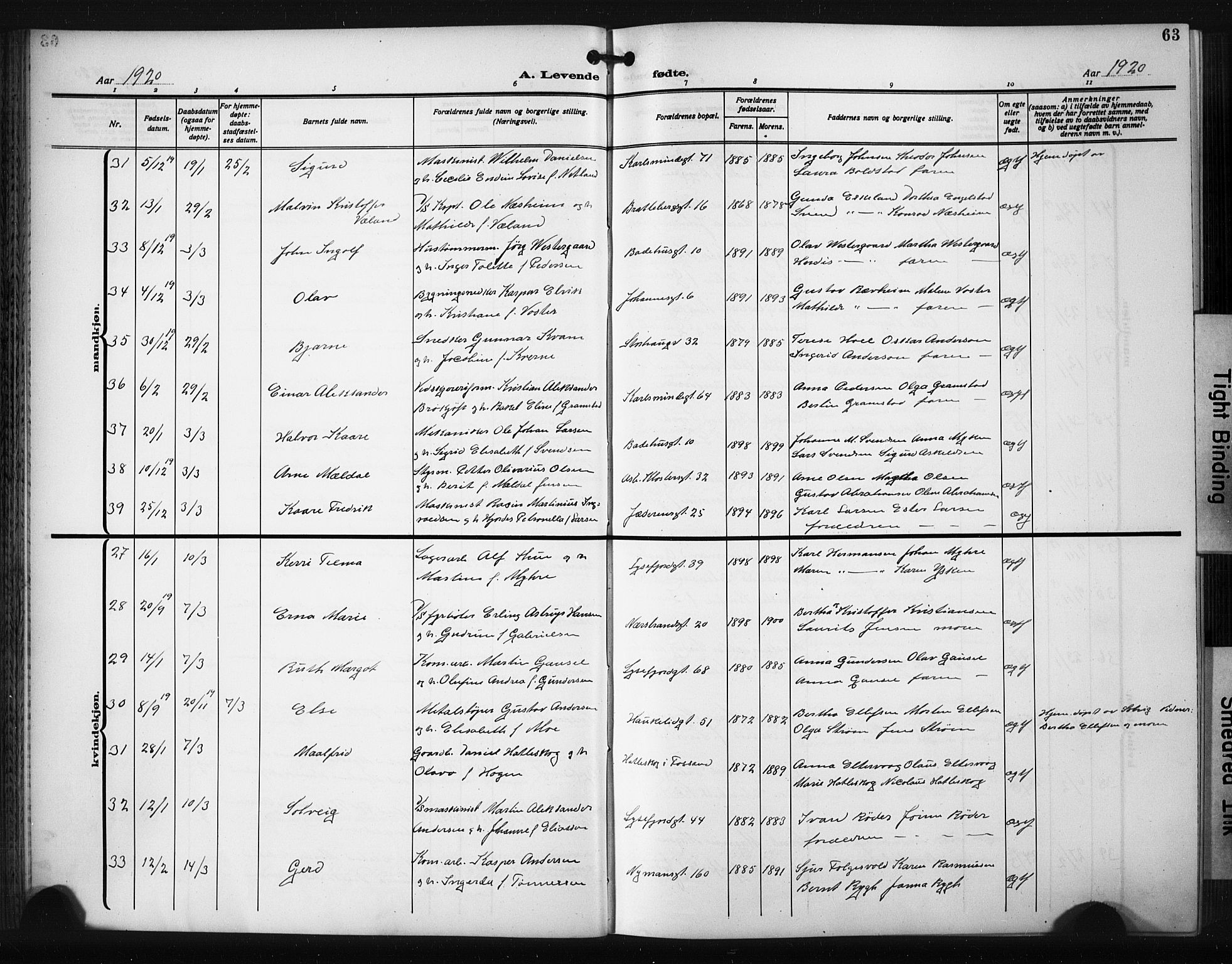 St. Johannes sokneprestkontor, AV/SAST-A-101814/001/30/30BB/L0008: Parish register (copy) no. B 8, 1918-1929, p. 63