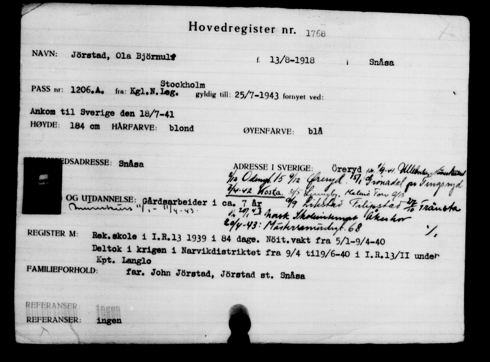 Utenriksstasjonene, Legasjonen i Stockholm, Flyktningkontoret, AV/RA-S-6753/V/Va/L0002: Kjesäterkartoteket, flyktninger med registreringsnr. 1001-2000, 1940-1945, p. 1088