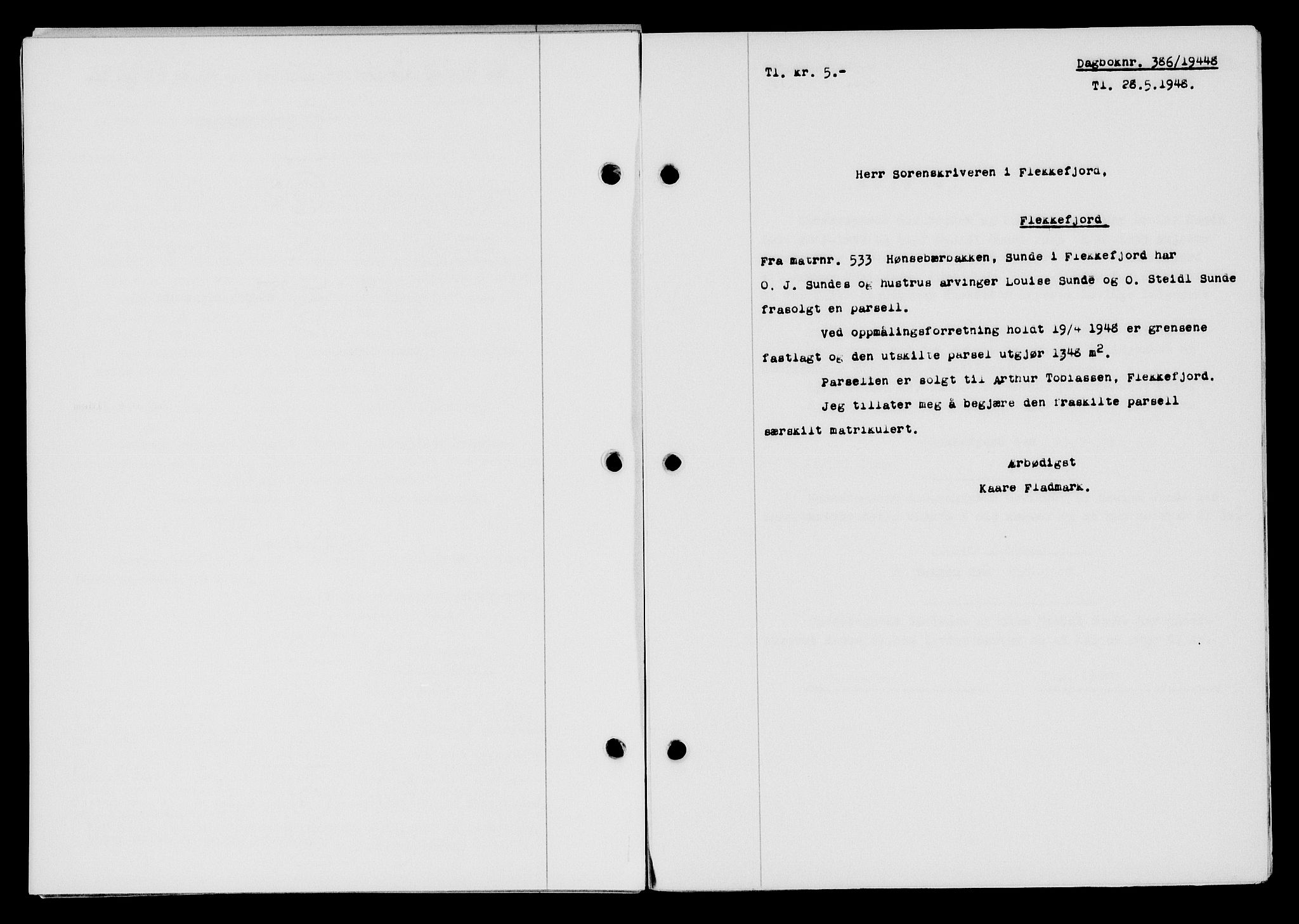 Flekkefjord sorenskriveri, SAK/1221-0001/G/Gb/Gba/L0063: Mortgage book no. A-11, 1947-1948, Diary no: : 386/1948