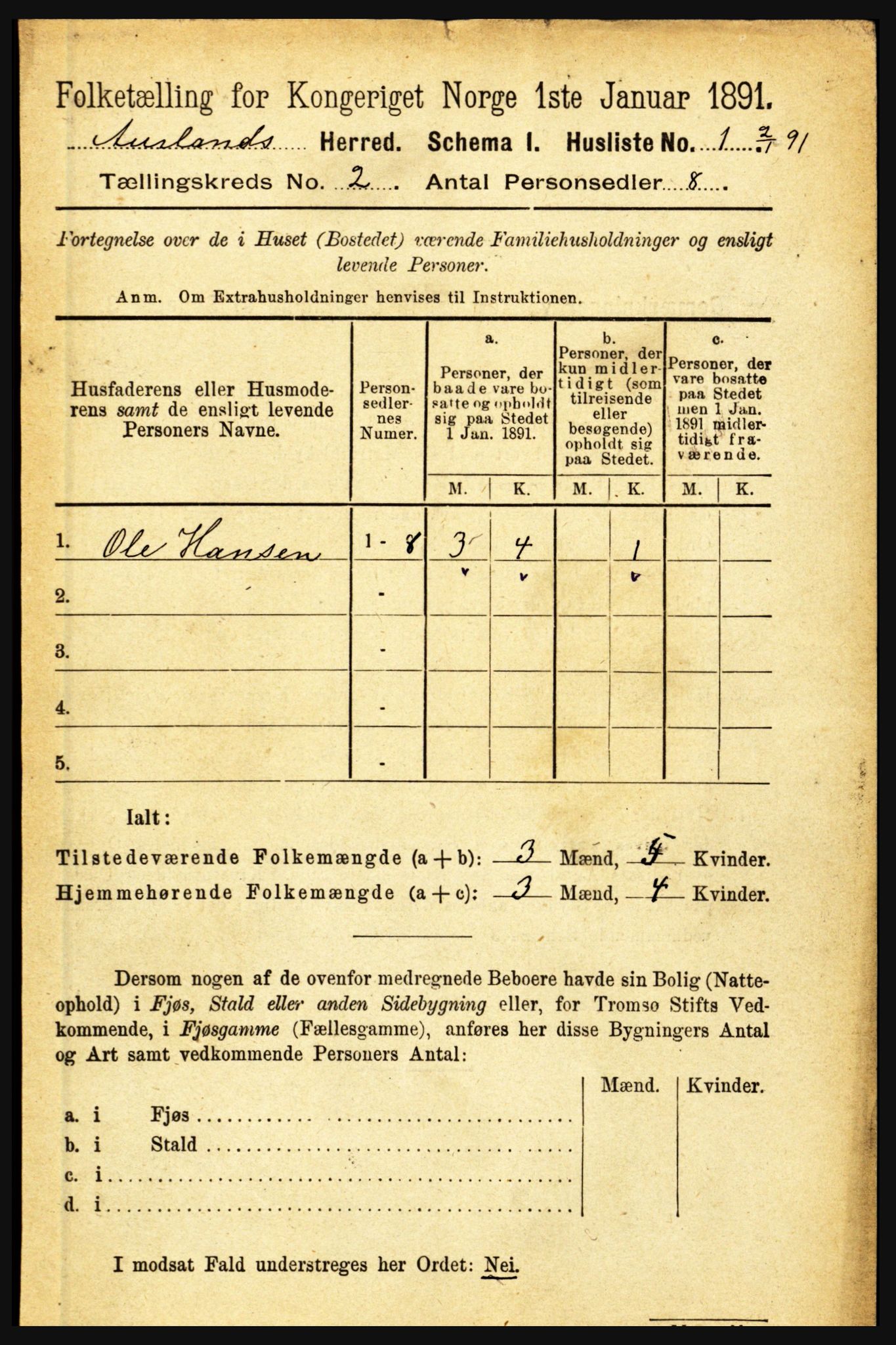 RA, 1891 census for 1421 Aurland, 1891, p. 414