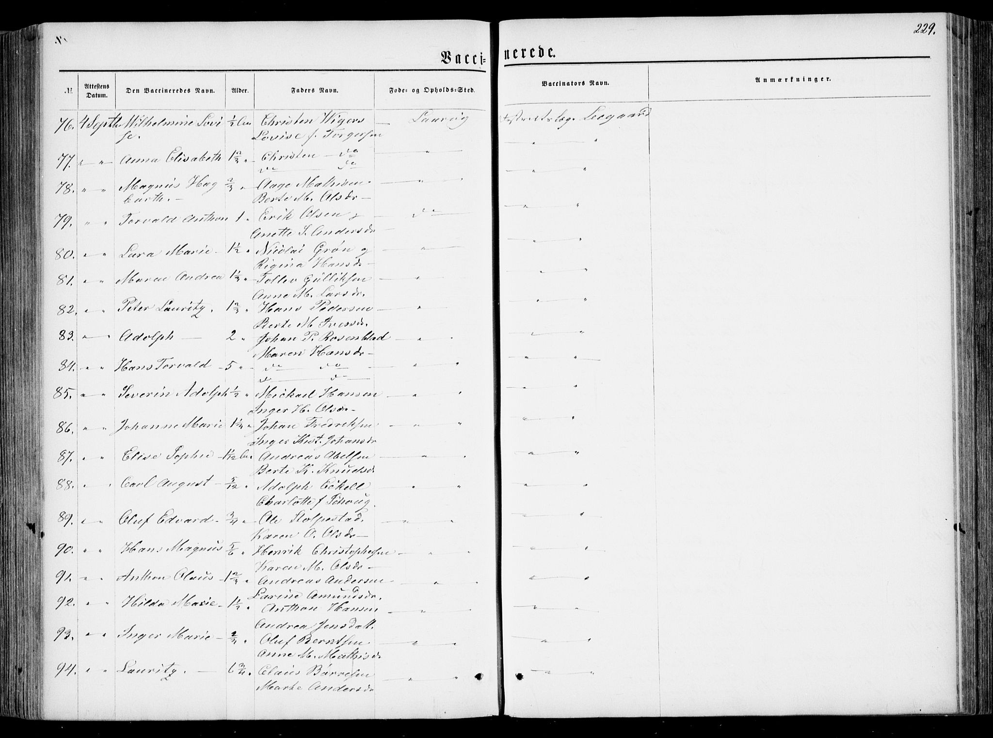 Larvik kirkebøker, AV/SAKO-A-352/F/Fa/L0005: Parish register (official) no. I 5, 1856-1870, p. 229