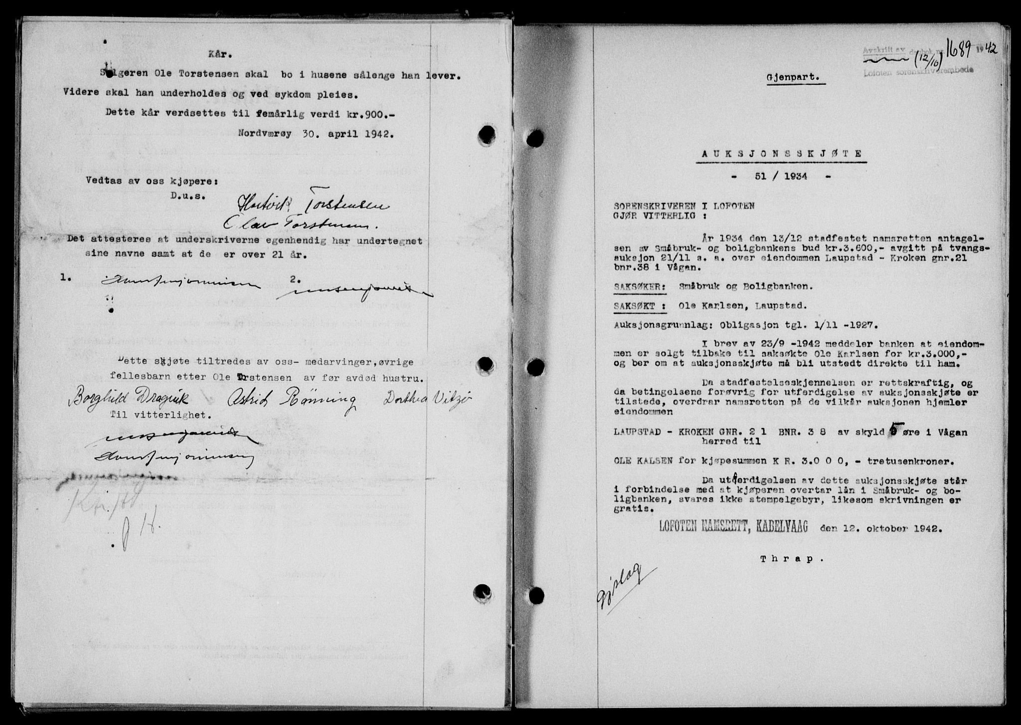 Lofoten sorenskriveri, SAT/A-0017/1/2/2C/L0010a: Mortgage book no. 10a, 1942-1943, Diary no: : 1689/1942
