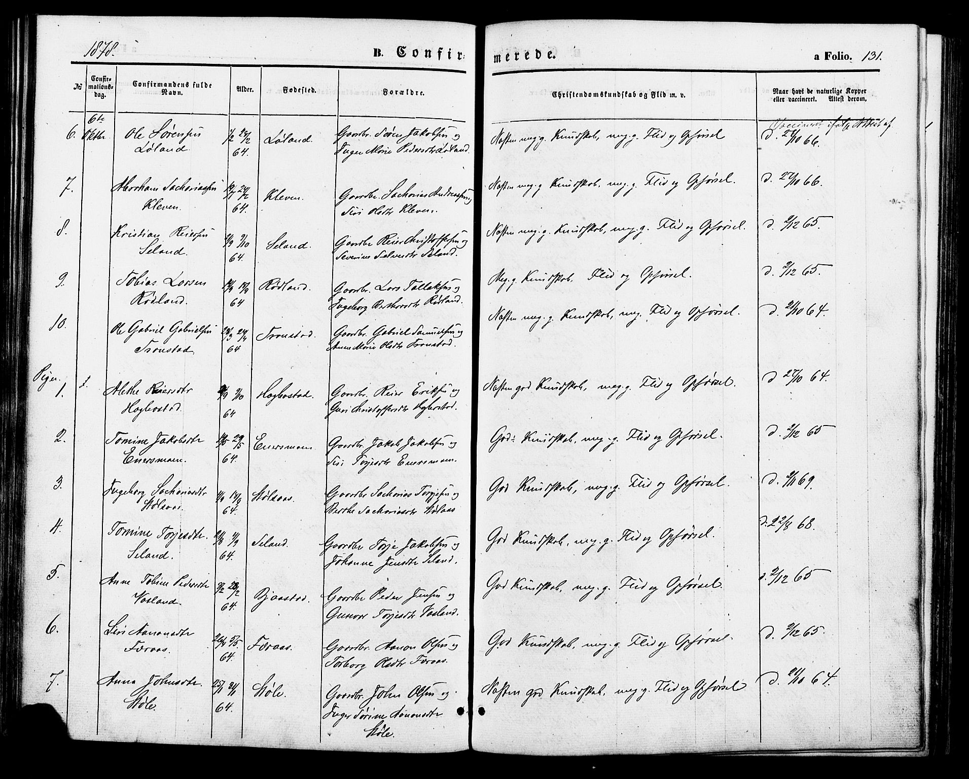 Nord-Audnedal sokneprestkontor, AV/SAK-1111-0032/F/Fa/Fab/L0002: Parish register (official) no. A 2, 1859-1882, p. 131