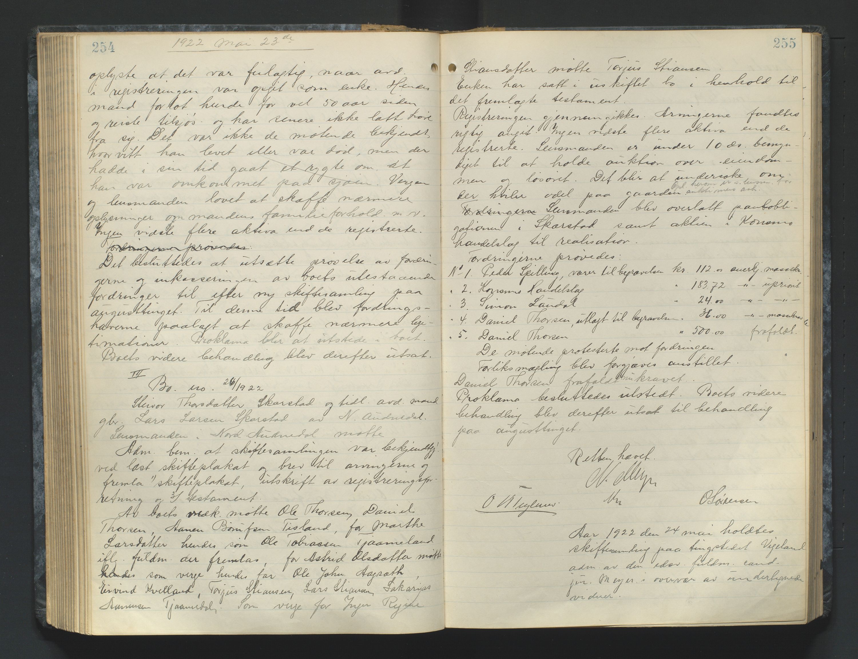 Mandal sorenskriveri, AV/SAK-1221-0005/001/H/Hc/L0084: Skifteforhandlingsprotokoll nr 16, 1921-1924, p. 254-255
