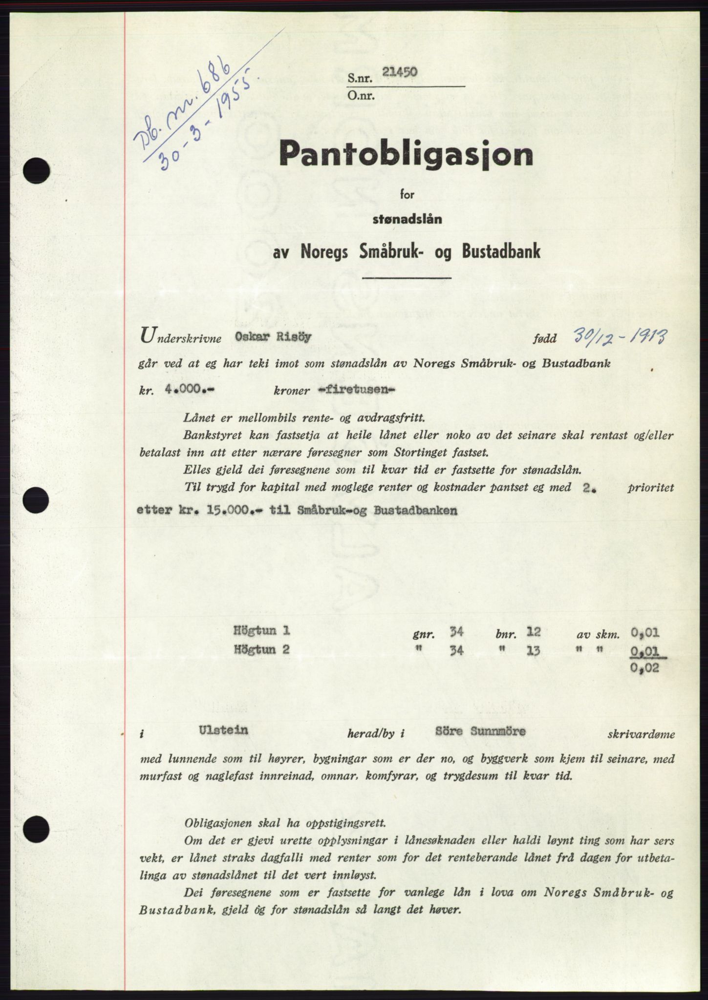 Søre Sunnmøre sorenskriveri, AV/SAT-A-4122/1/2/2C/L0126: Mortgage book no. 14B, 1954-1955, Diary no: : 686/1955