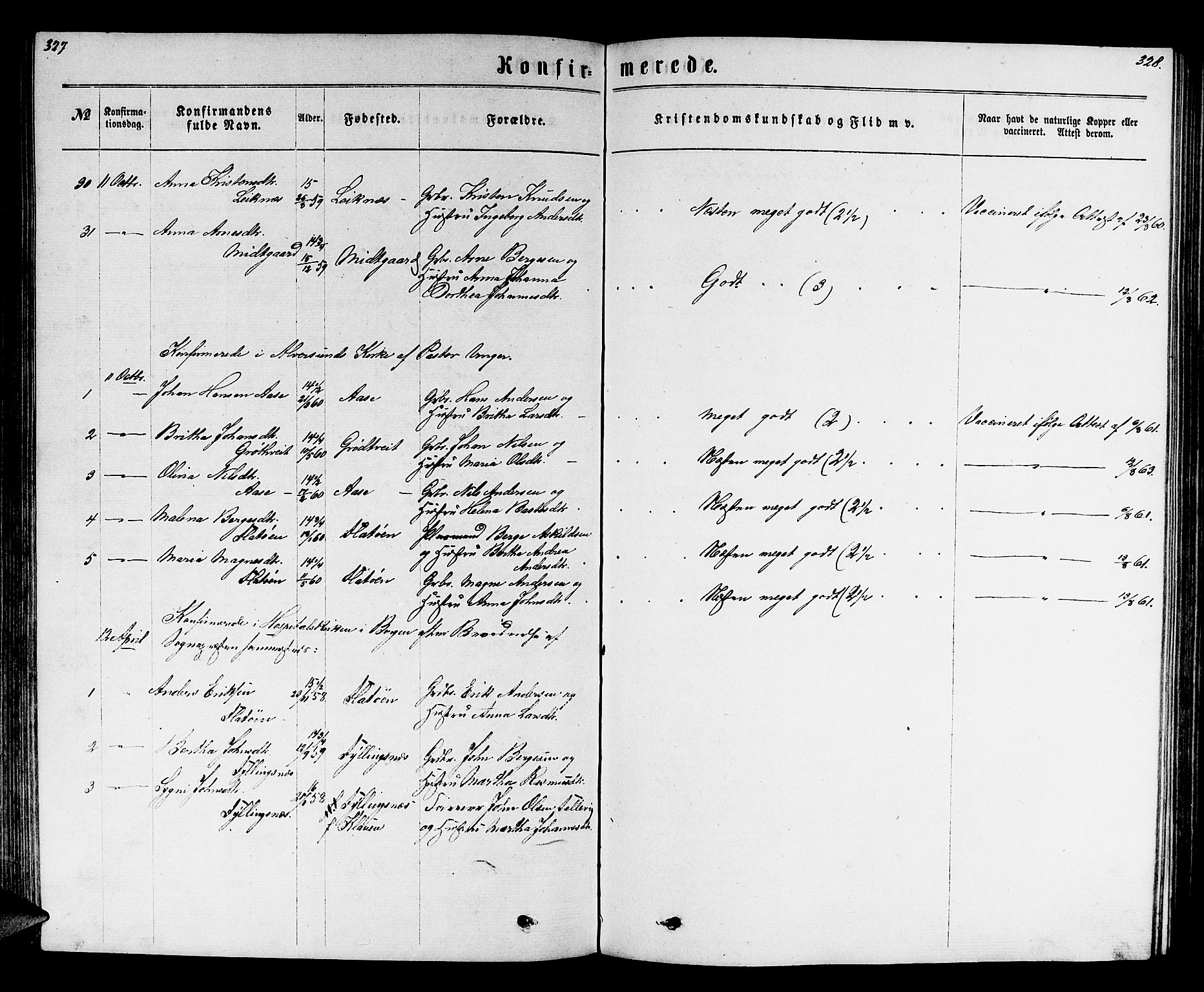 Hamre sokneprestembete, SAB/A-75501/H/Ha/Hab: Parish register (copy) no. B 2, 1863-1880, p. 327-328