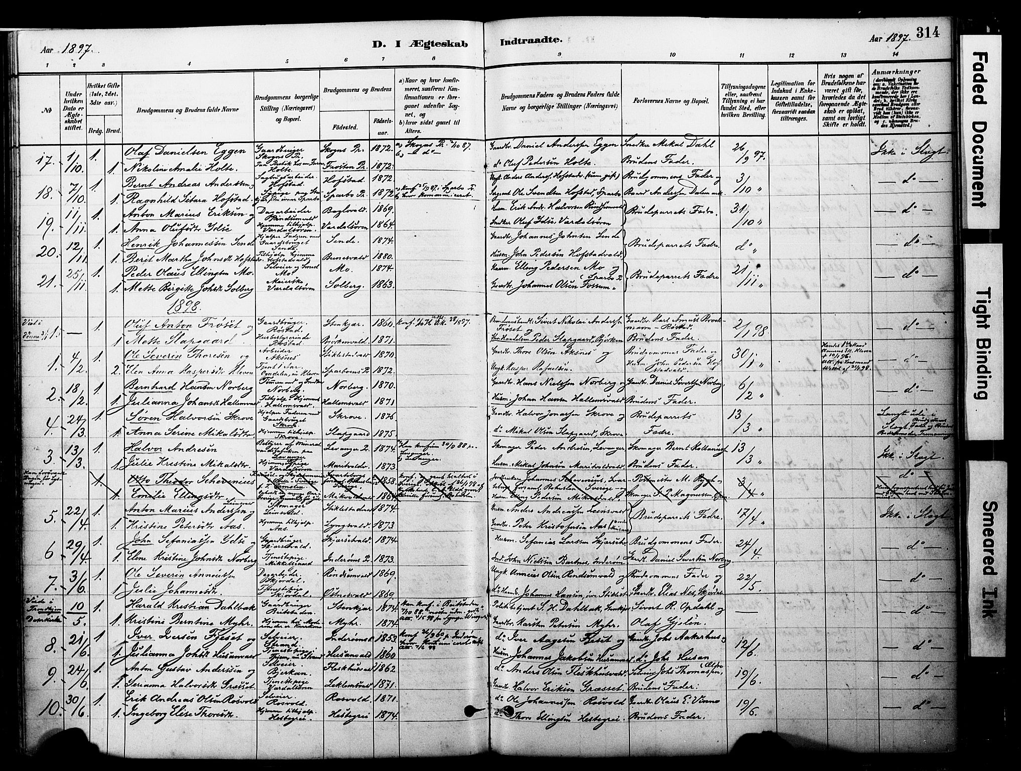 Ministerialprotokoller, klokkerbøker og fødselsregistre - Nord-Trøndelag, AV/SAT-A-1458/723/L0244: Parish register (official) no. 723A13, 1881-1899, p. 314