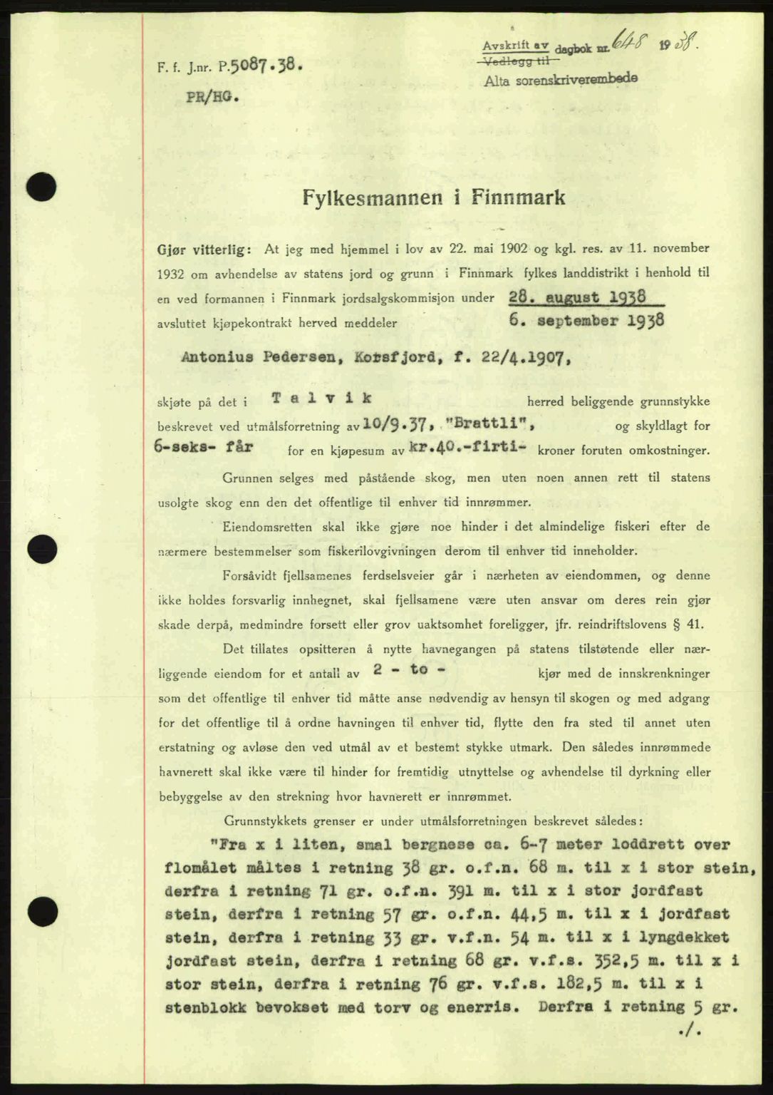 Alta fogderi/sorenskriveri, SATØ/SATØ-5/1/K/Kd/L0031pantebok: Mortgage book no. 31, 1938-1939, Diary no: : 648/1938