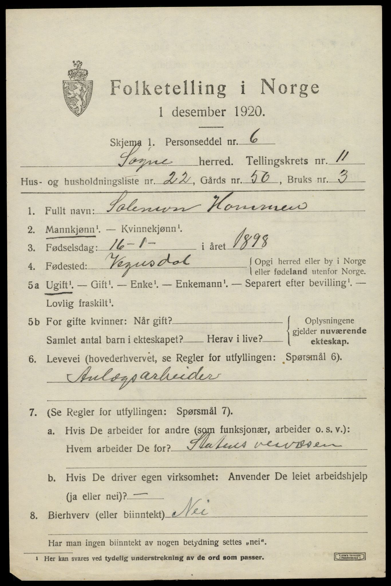 SAK, 1920 census for Søgne, 1920, p. 5863