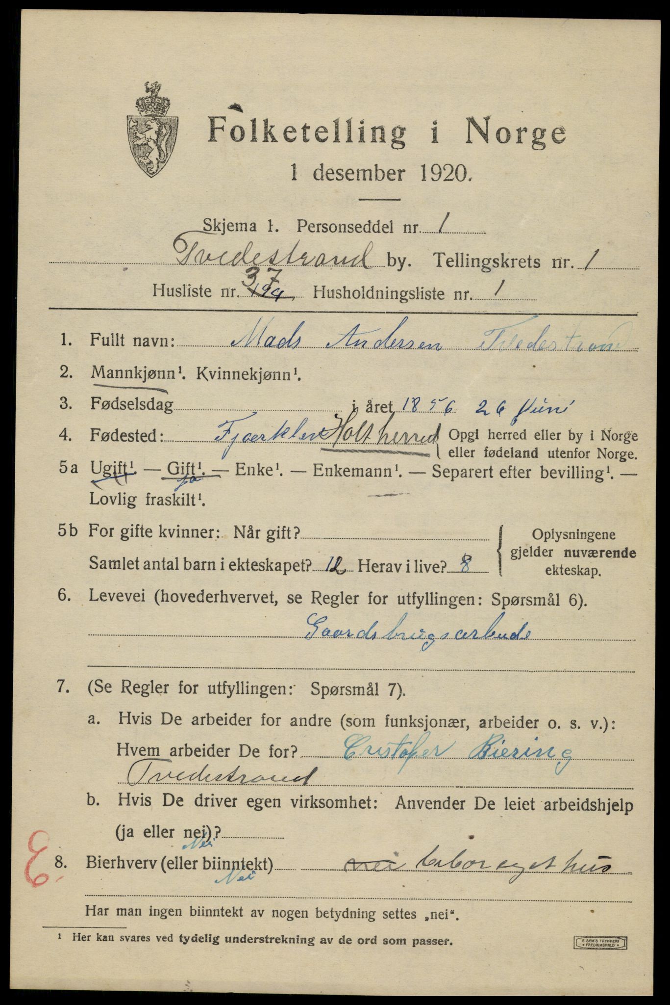 SAK, 1920 census for Tvedestrand, 1920, p. 1693