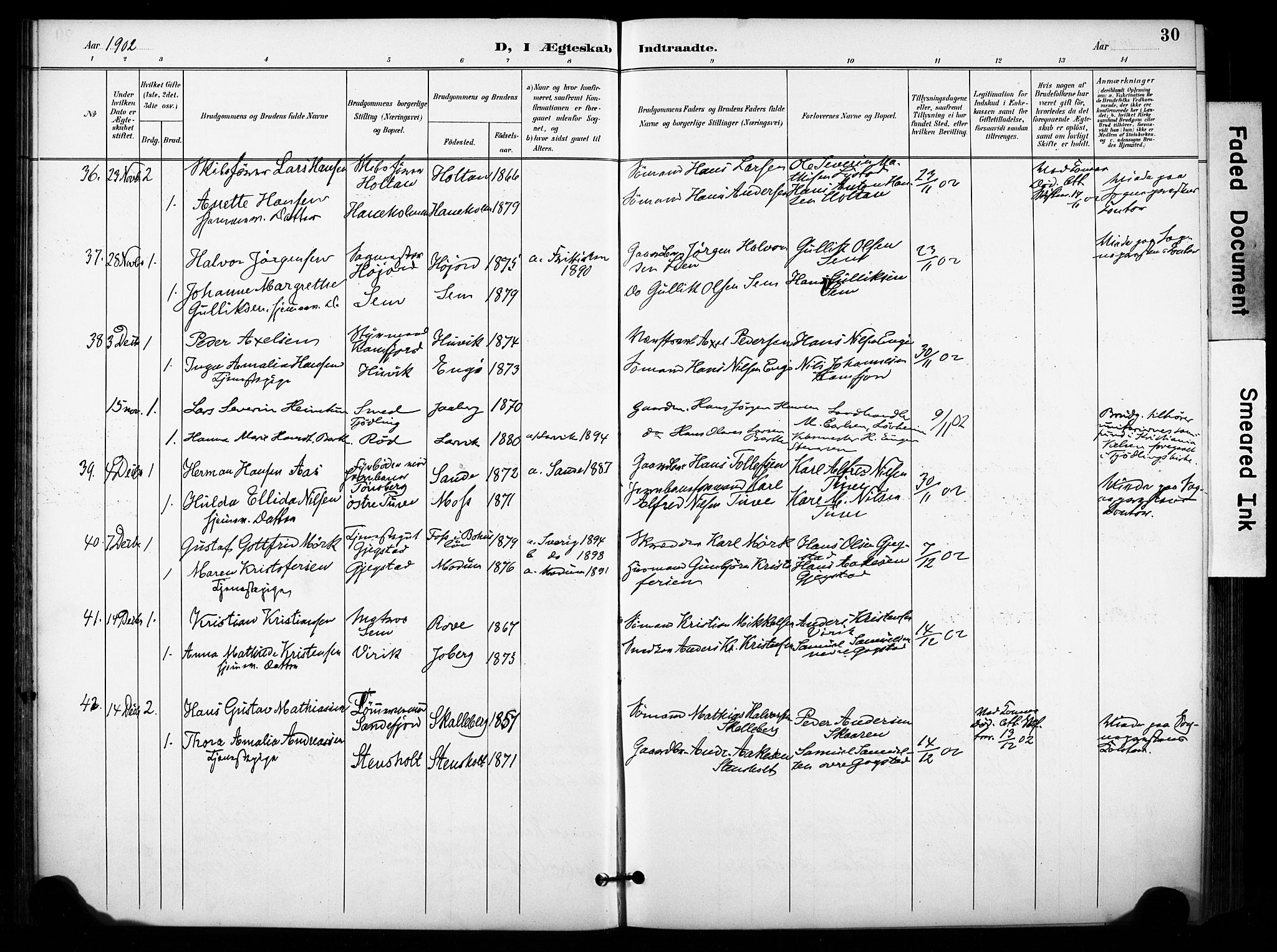 Sandar kirkebøker, SAKO/A-243/F/Fa/L0015: Parish register (official) no. 15, 1896-1907, p. 30