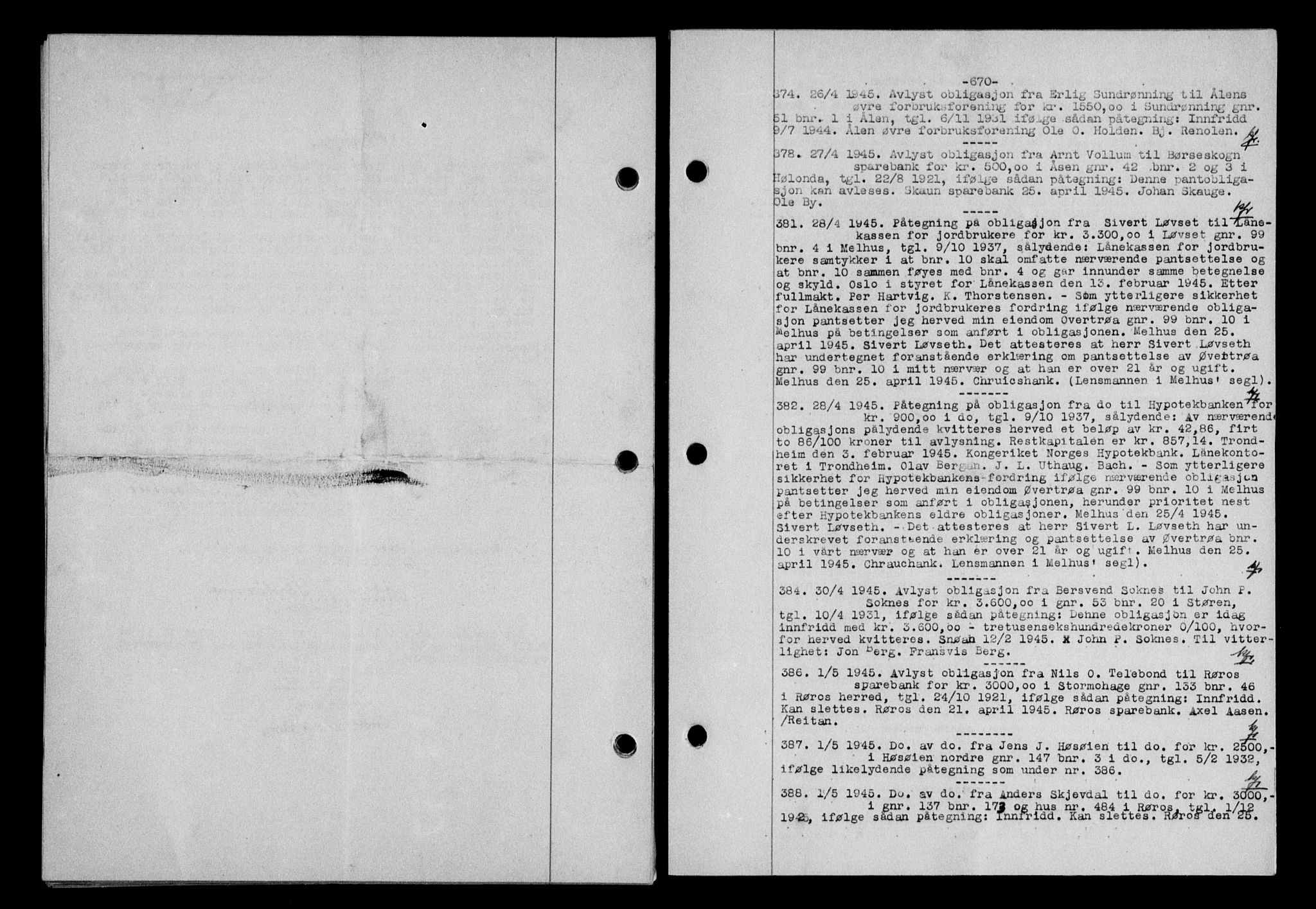 Gauldal sorenskriveri, SAT/A-0014/1/2/2C/L0058: Mortgage book no. 63, 1944-1945, Diary no: : 374/1945