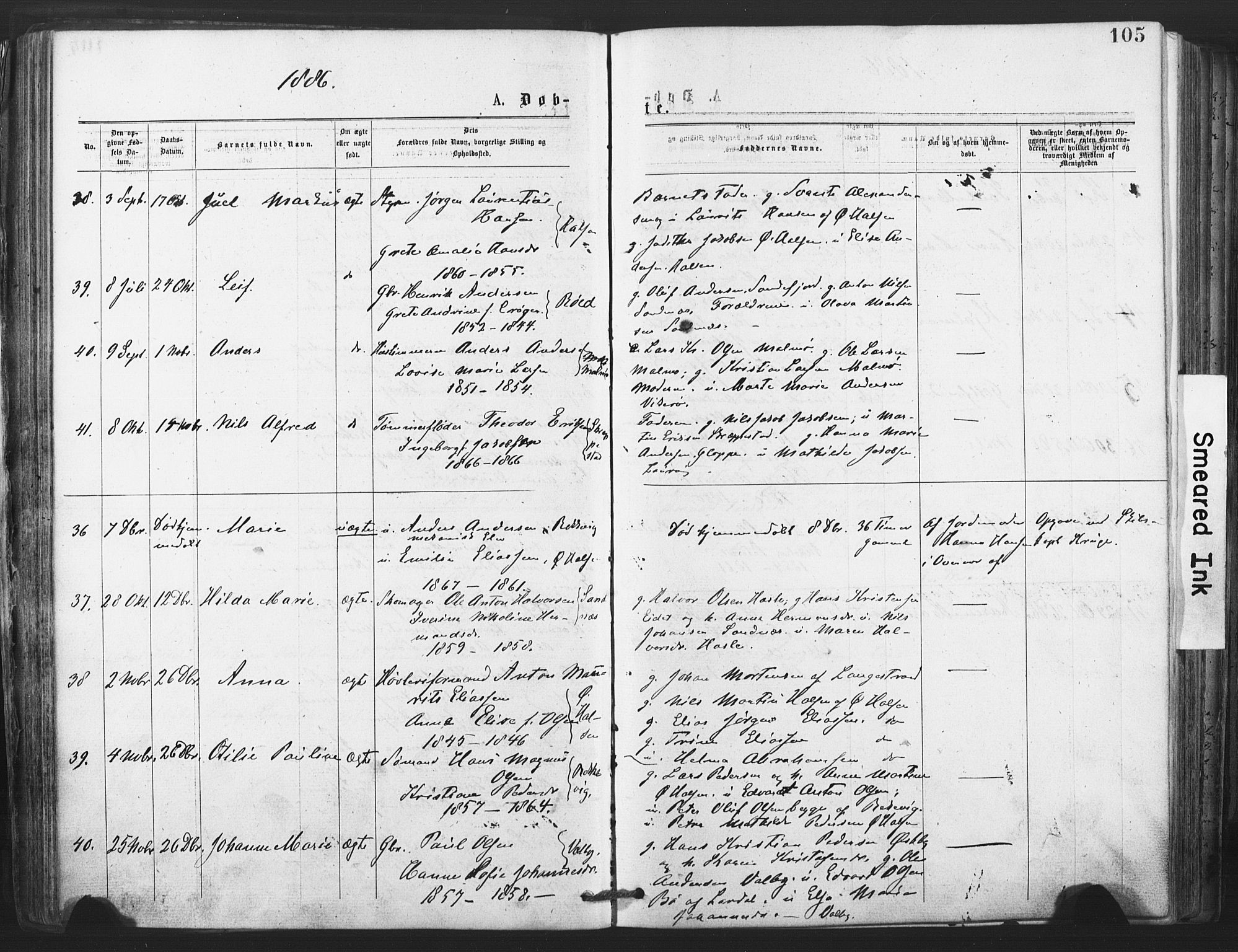 Tjølling kirkebøker, AV/SAKO-A-60/F/Fa/L0008: Parish register (official) no. 8, 1877-1886, p. 105