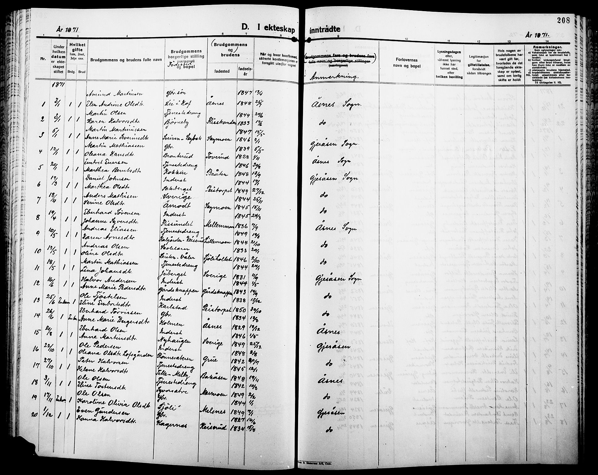 Åsnes prestekontor, AV/SAH-PREST-042/H/Ha/Haa/L0000B: Parish register (official), 1870-1889, p. 208