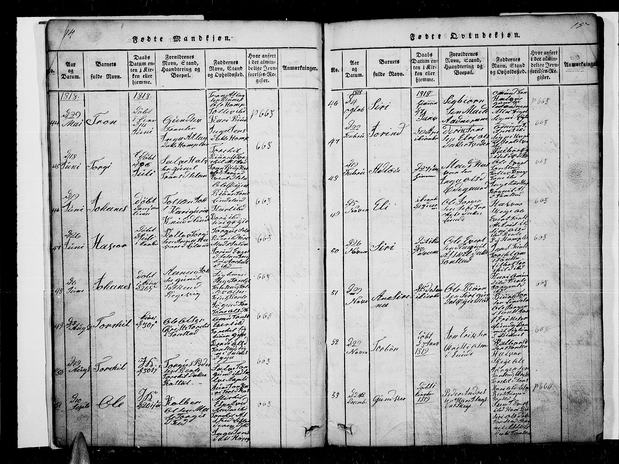 Sirdal sokneprestkontor, AV/SAK-1111-0036/F/Fb/Fbb/L0001: Parish register (copy) no. B 1, 1815-1834, p. 14-15