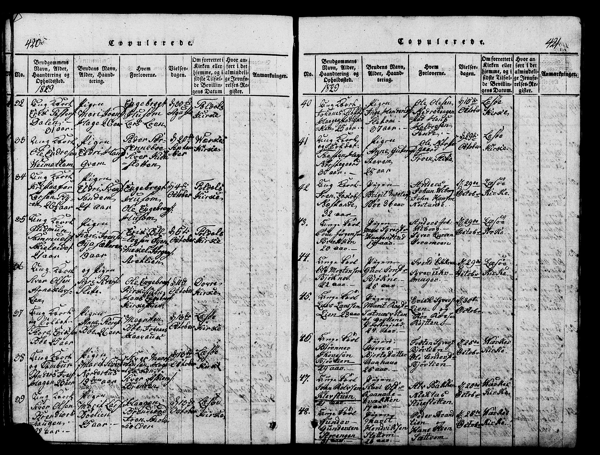 Lesja prestekontor, SAH/PREST-068/H/Ha/Hab/L0001: Parish register (copy) no. 1, 1820-1831, p. 420-421