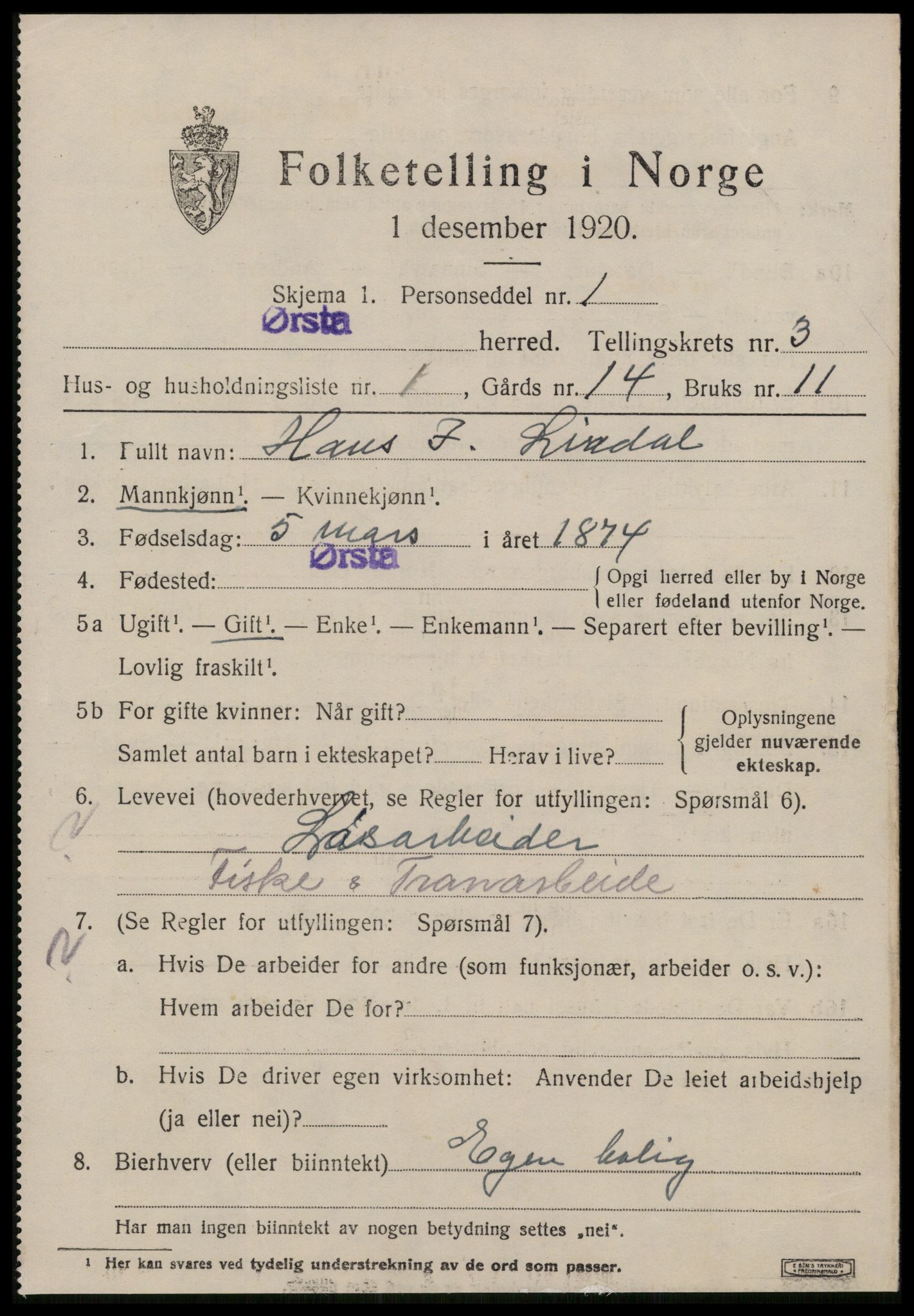 SAT, 1920 census for Ørsta, 1920, p. 2550