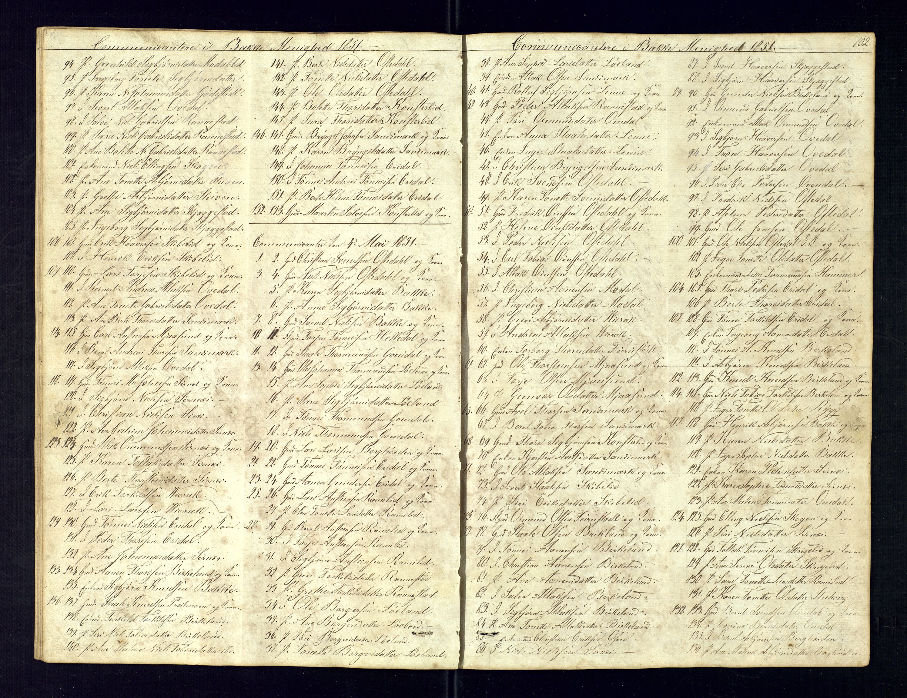Bakke sokneprestkontor, SAK/1111-0002/F/Fc/Fca/L0004: Communicants register no. C-4, 1838-1861, p. 102