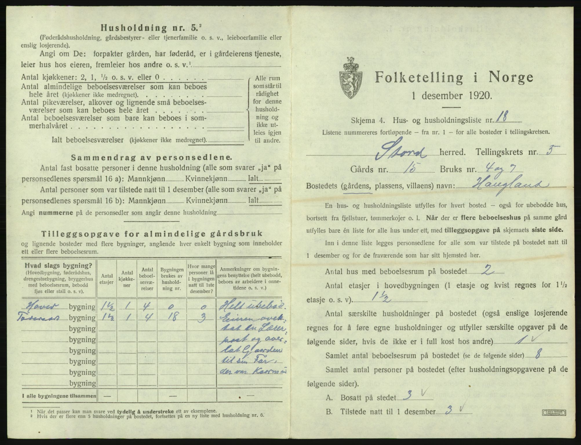 SAB, 1920 census for Stord, 1920, p. 211