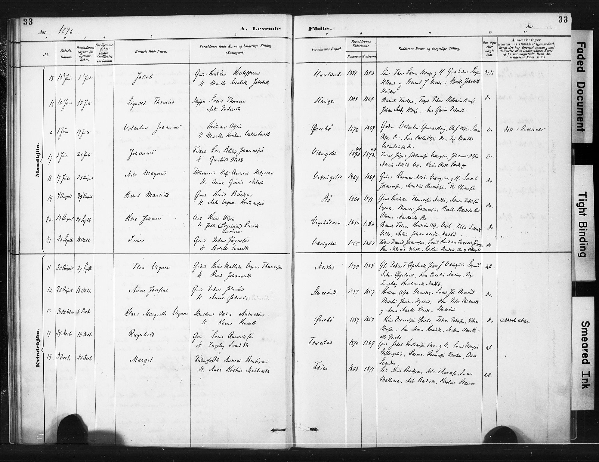 Torvastad sokneprestkontor, AV/SAST-A -101857/H/Ha/Haa/L0015: Parish register (official) no. A 14, 1888-1899, p. 33