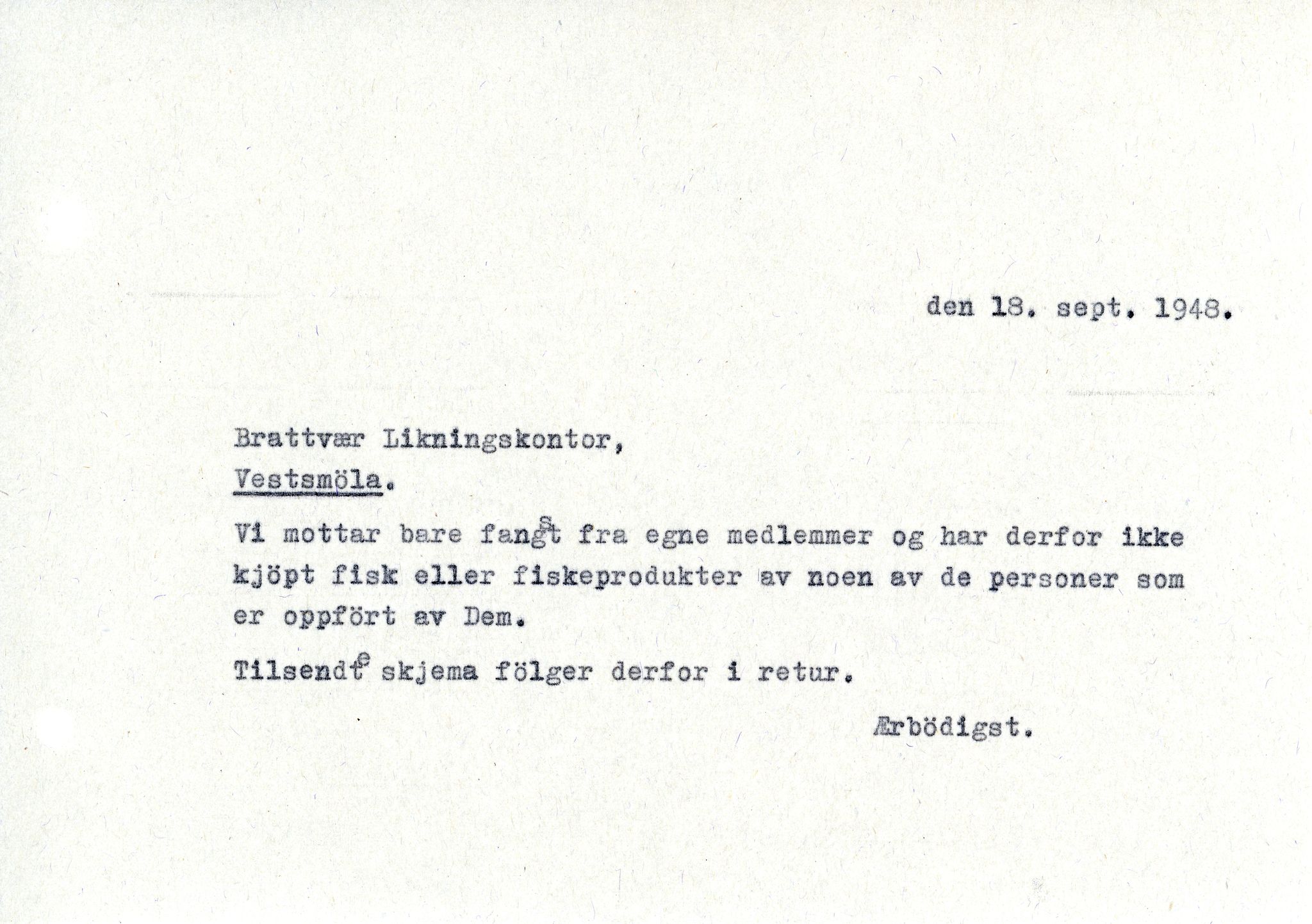 Vardø Fiskersamvirkelag, VAMU/A-0037/D/Da/L0001: Korrespondanse Ab-Eg, 1946-1950