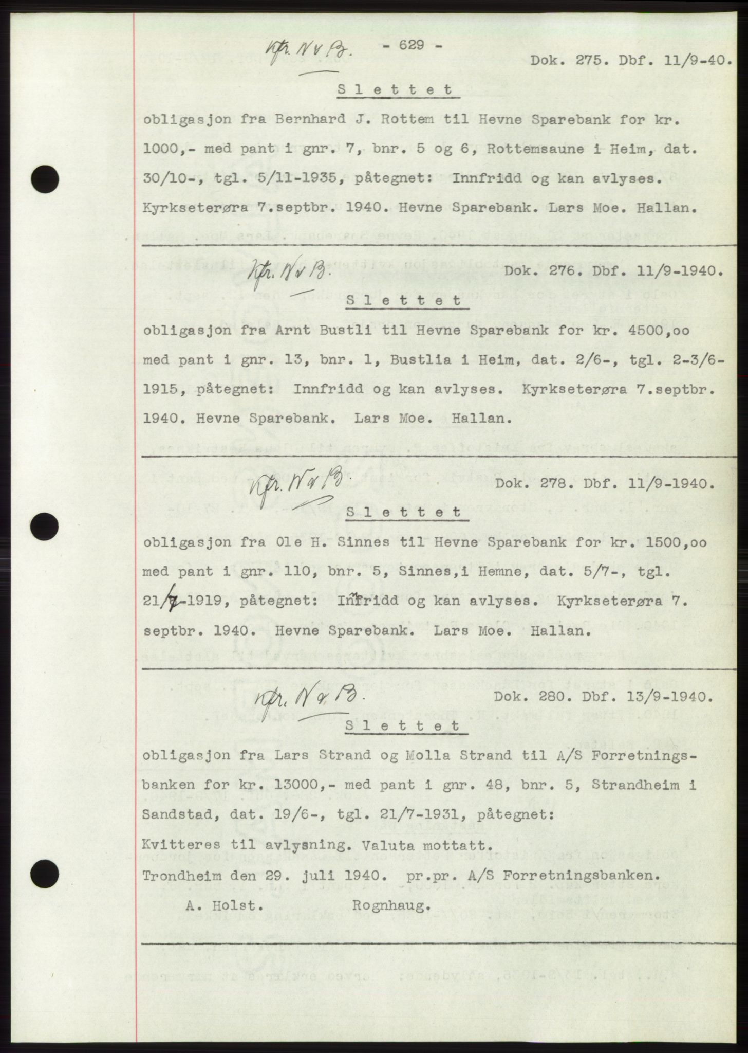 Hitra sorenskriveri, AV/SAT-A-0018/2/2C/2Ca: Mortgage book no. C1, 1936-1945, Diary no: : 275/1940