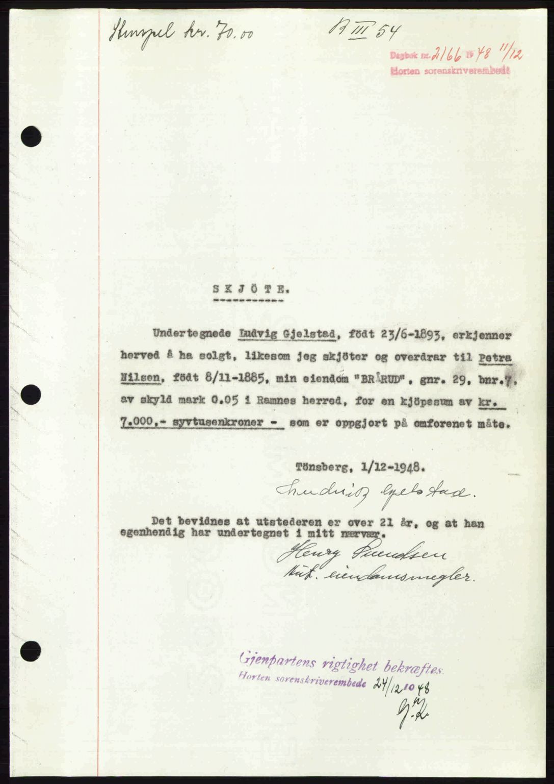 Horten sorenskriveri, AV/SAKO-A-133/G/Ga/Gaa/L0011: Mortgage book no. A-11, 1948-1948, Diary no: : 2166/1948