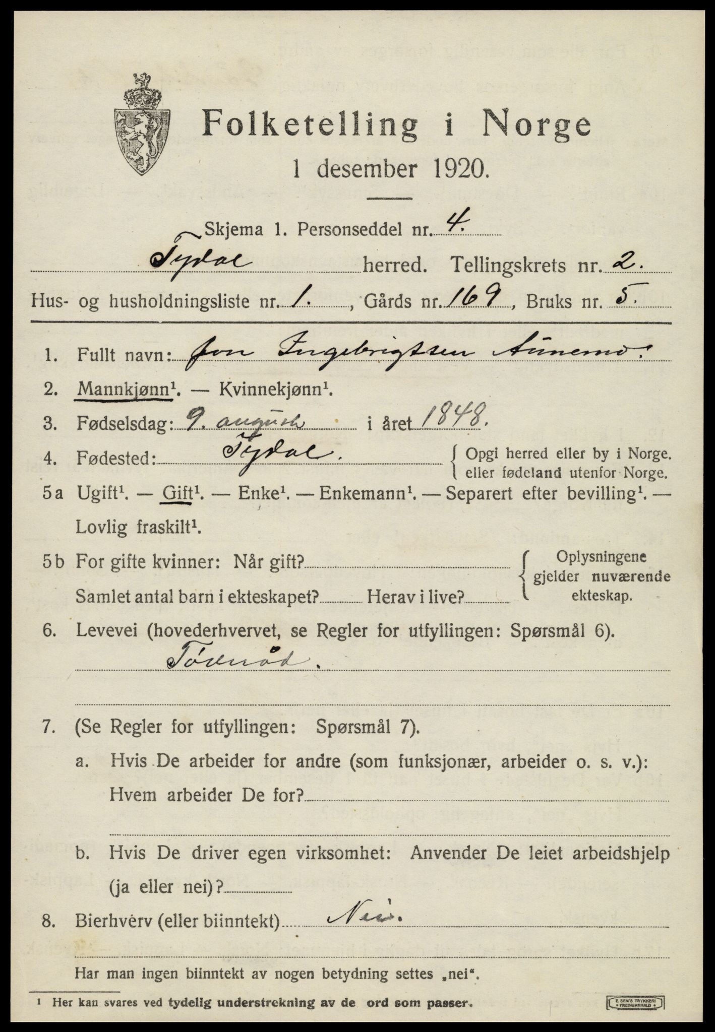 SAT, 1920 census for Tydal, 1920, p. 573