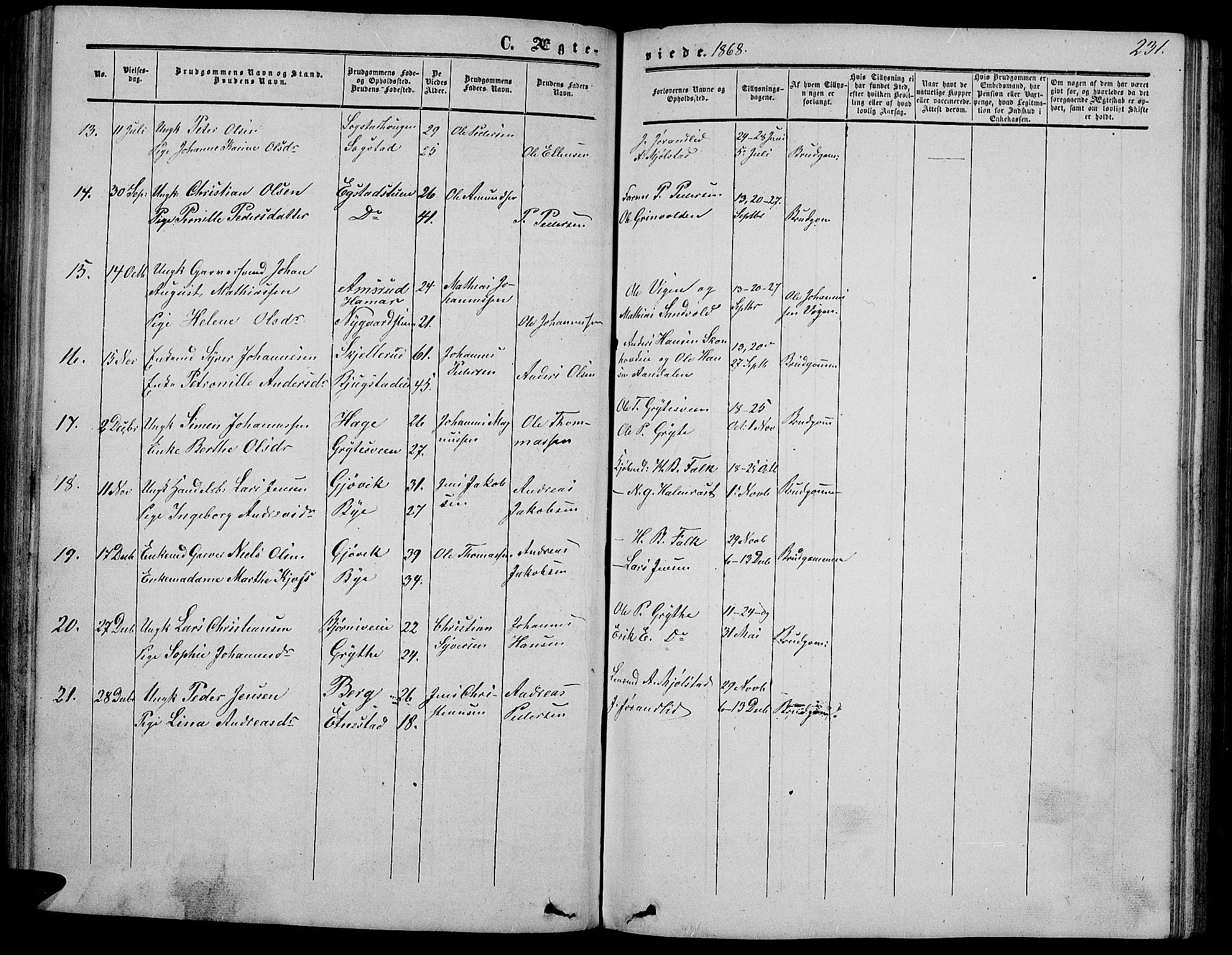 Vardal prestekontor, SAH/PREST-100/H/Ha/Hab/L0005: Parish register (copy) no. 5, 1854-1868, p. 231