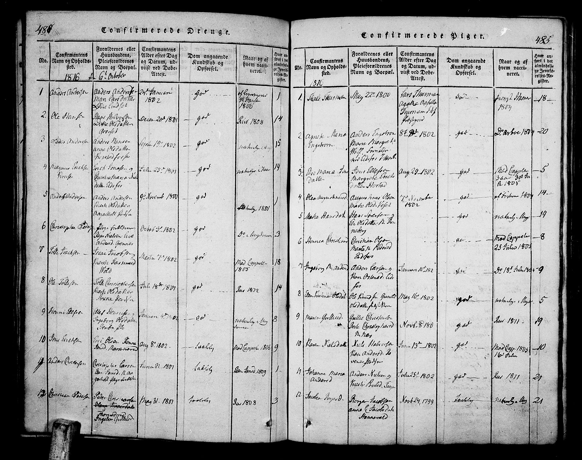 Hof kirkebøker, AV/SAKO-A-64/F/Fa/L0004: Parish register (official) no. I 4, 1814-1843, p. 484-485