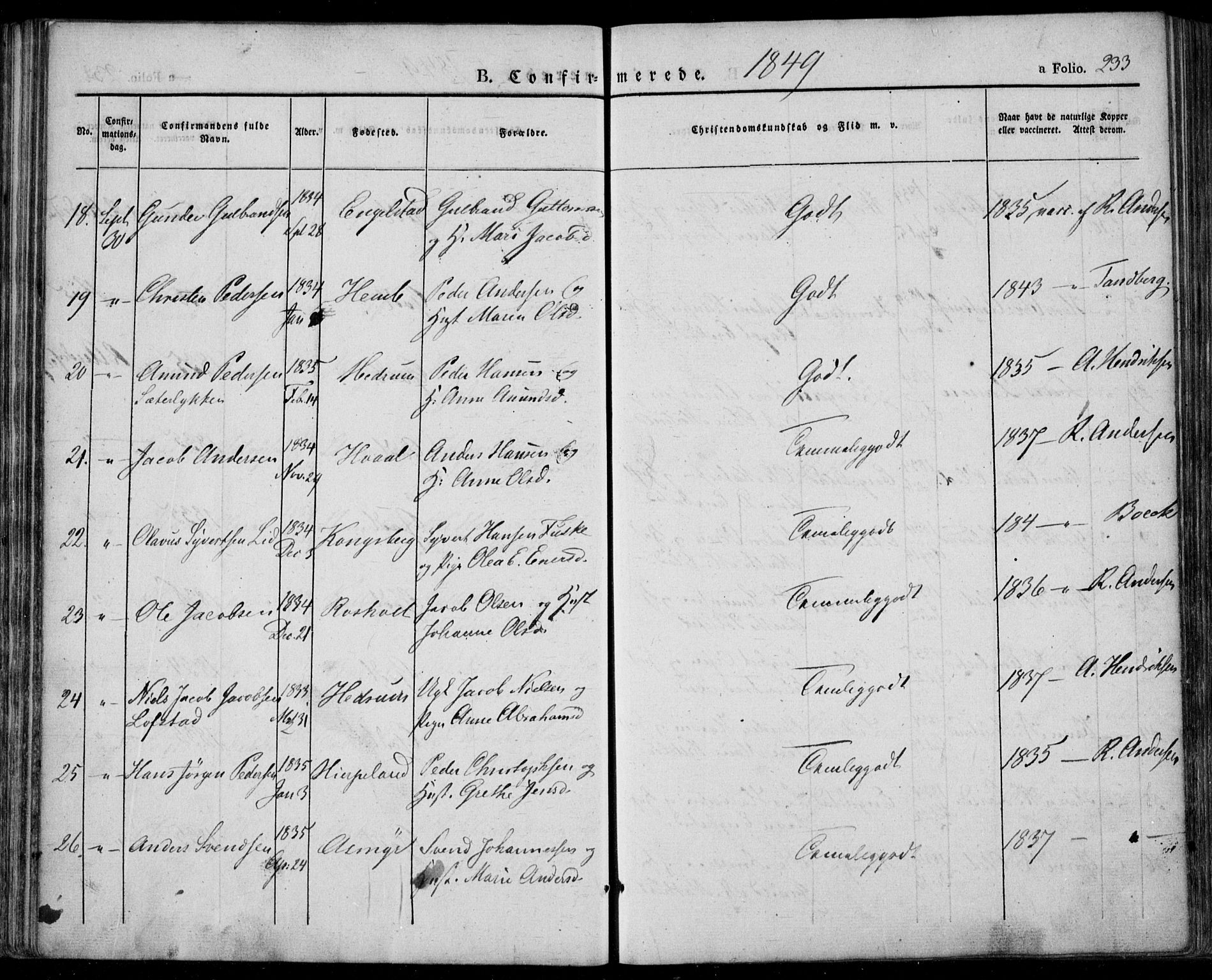 Lardal kirkebøker, AV/SAKO-A-350/F/Fa/L0006: Parish register (official) no. I 6, 1835-1860, p. 233