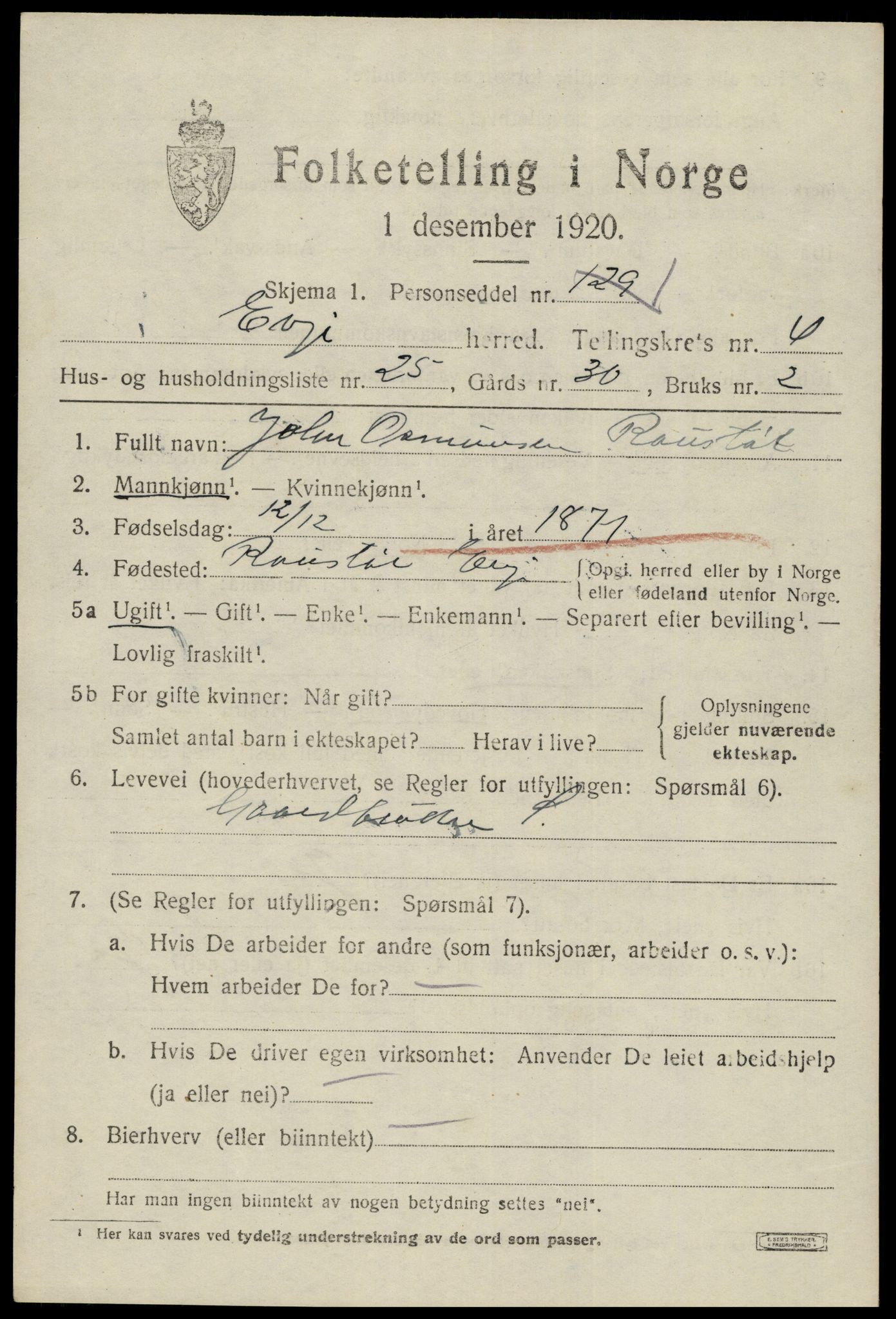 SAK, 1920 census for Evje, 1920, p. 1568