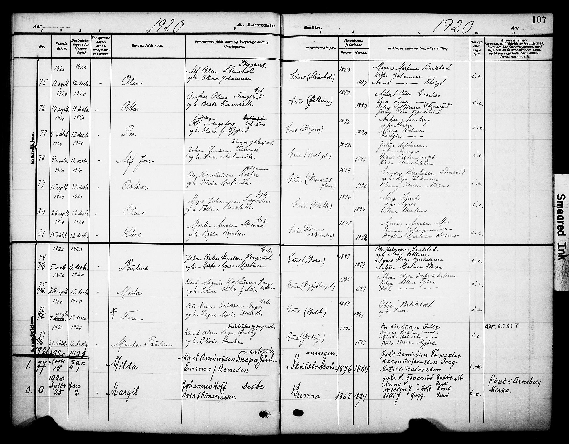 Grue prestekontor, AV/SAH-PREST-036/H/Ha/Haa/L0015: Parish register (official) no. 15, 1911-1922, p. 107