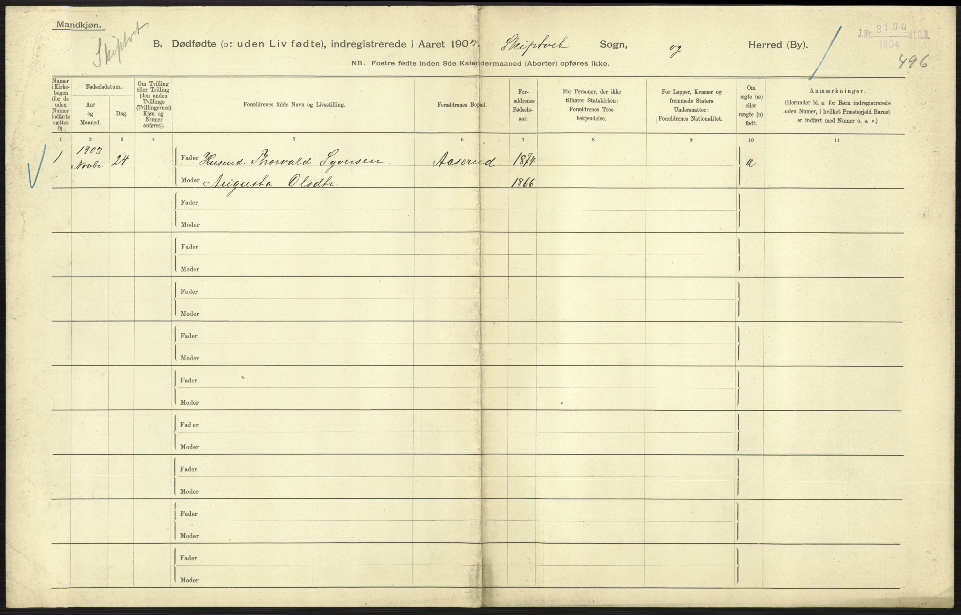 Statistisk sentralbyrå, Sosiodemografiske emner, Befolkning, AV/RA-S-2228/D/Df/Dfa/Dfaa/L0024: Smålenenes - Stavanger amt: Dødfødte. Bygder., 1903, p. 9