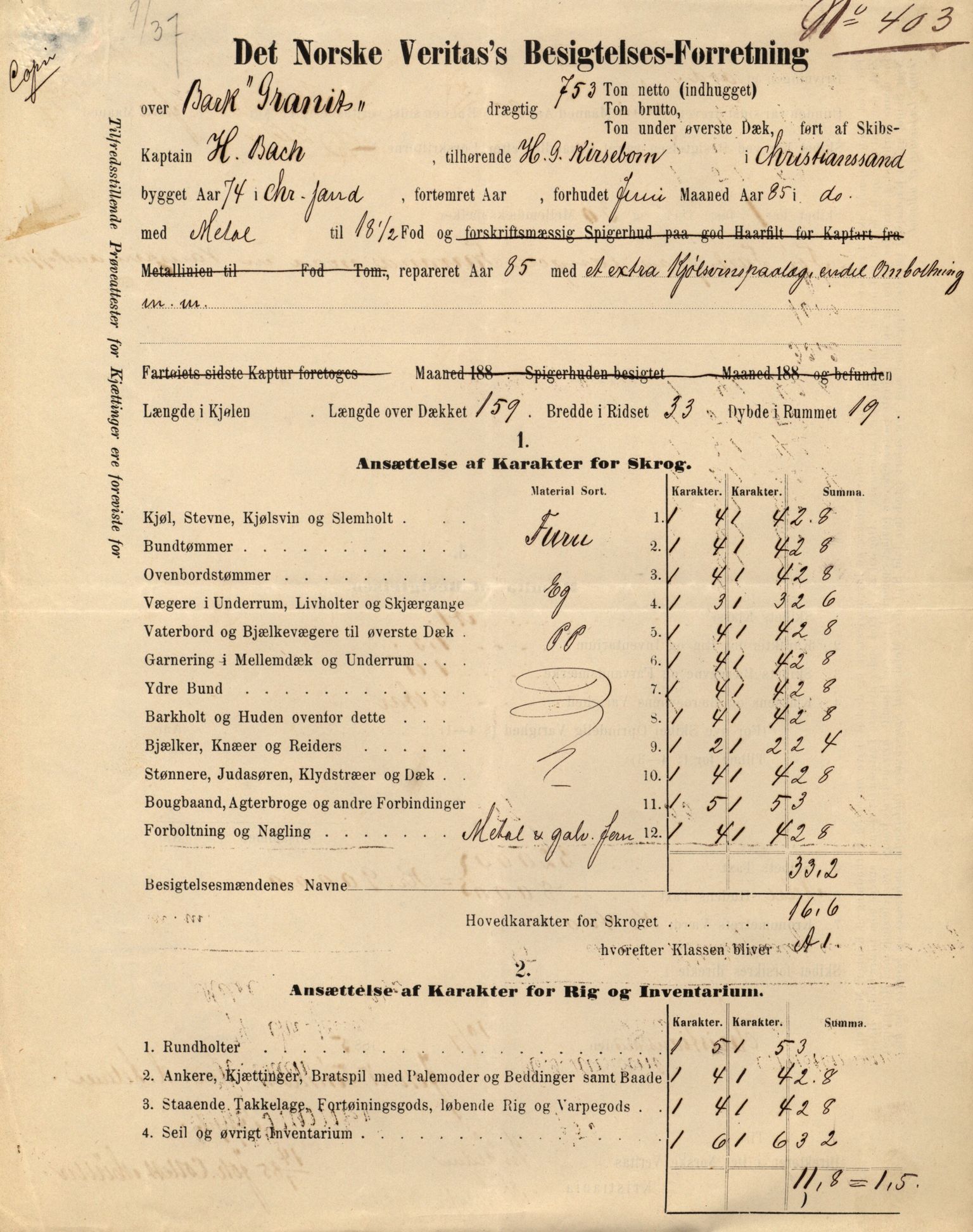 Pa 63 - Østlandske skibsassuranceforening, VEMU/A-1079/G/Ga/L0021/0006: Havaridokumenter / Gøthe, Granit, Granen, Harmonie, Lindsay, 1888, p. 13