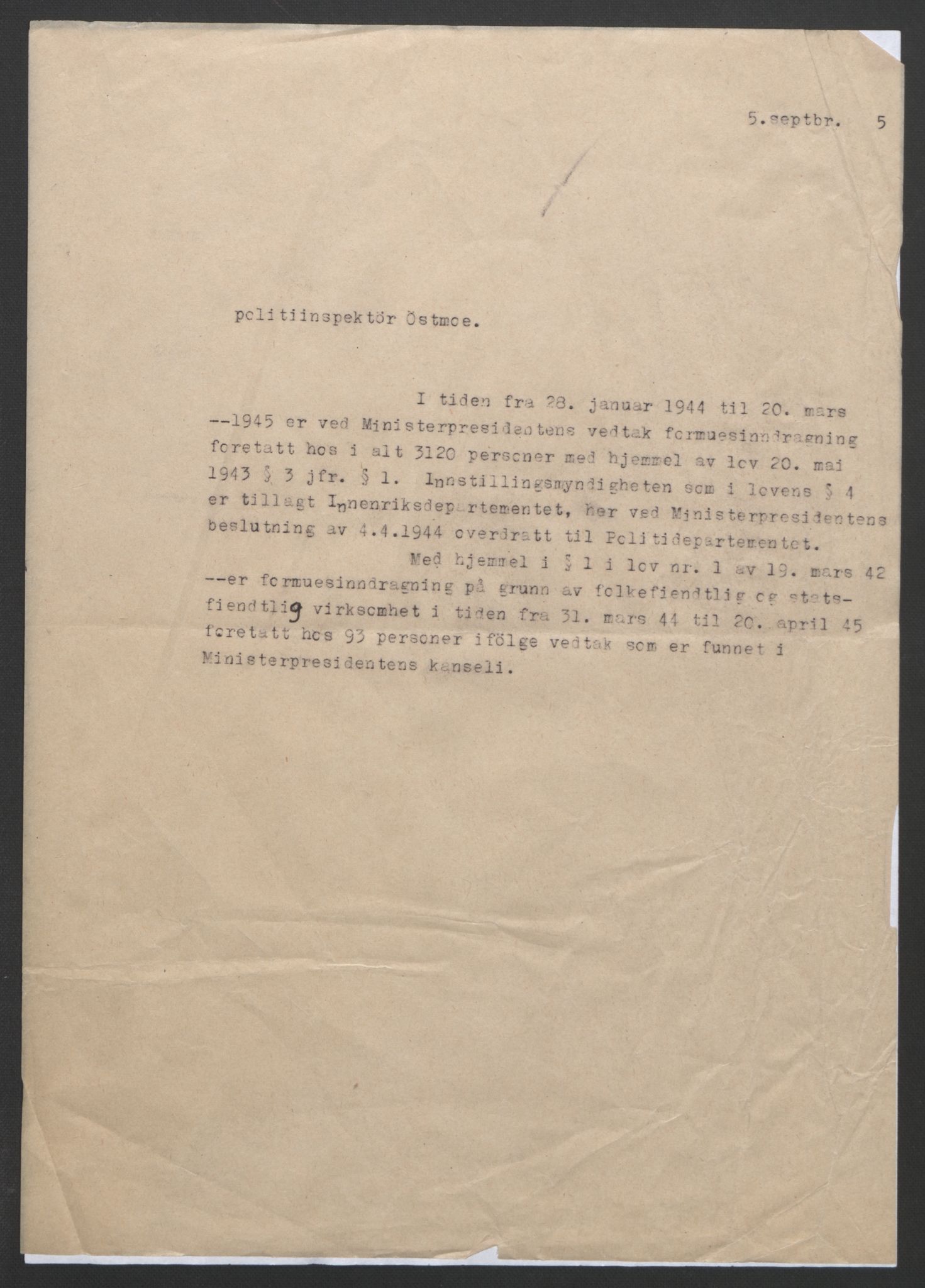 NS-administrasjonen 1940-1945 (Statsrådsekretariatet, de kommisariske statsråder mm), AV/RA-S-4279/D/Db/L0111/0003: Saker fra krigsårene / Journal, 1940-1945, p. 446