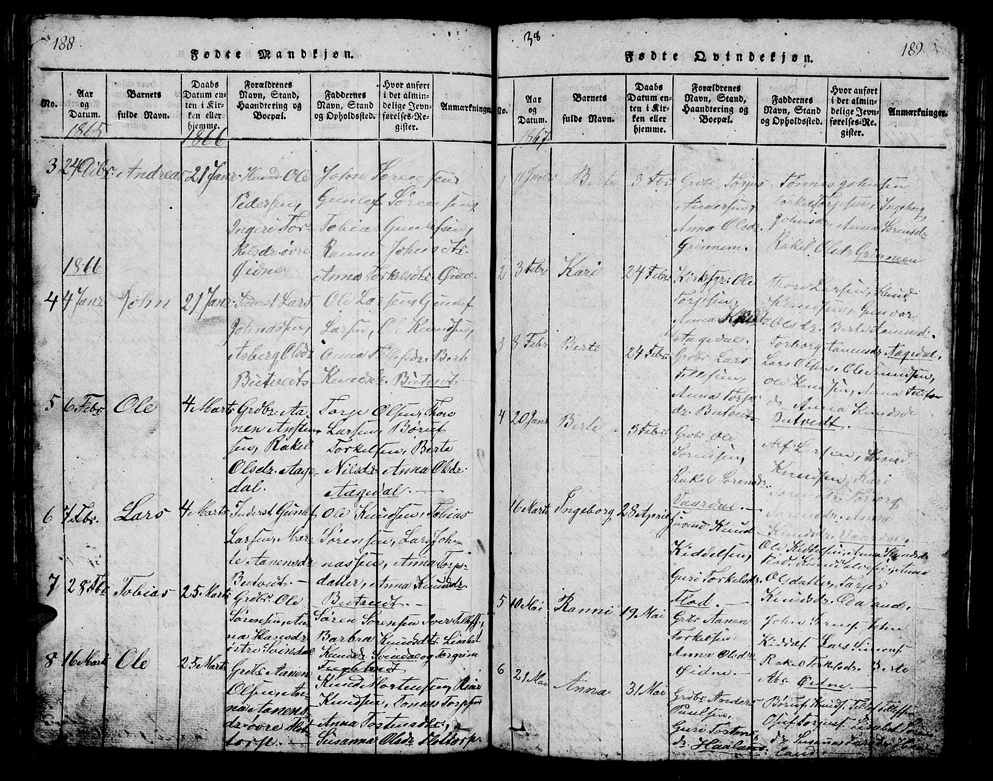 Bjelland sokneprestkontor, SAK/1111-0005/F/Fb/Fbc/L0001: Parish register (copy) no. B 1, 1815-1870, p. 188-189