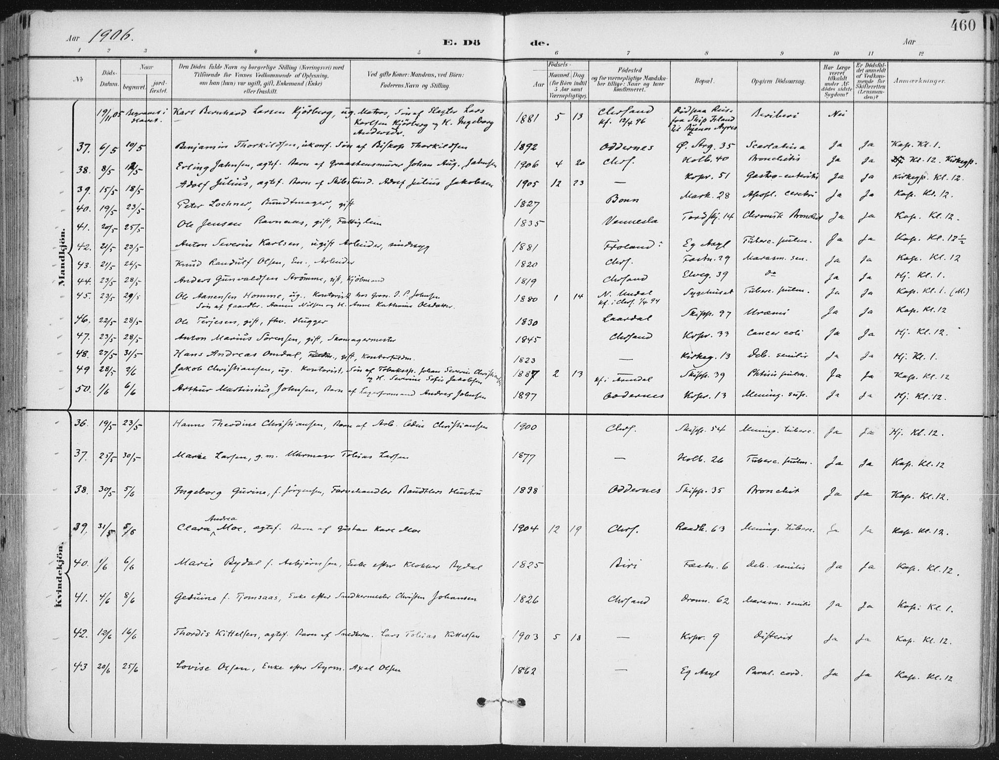 Kristiansand domprosti, SAK/1112-0006/F/Fa/L0021: Parish register (official) no. A 20, 1898-1908, p. 460