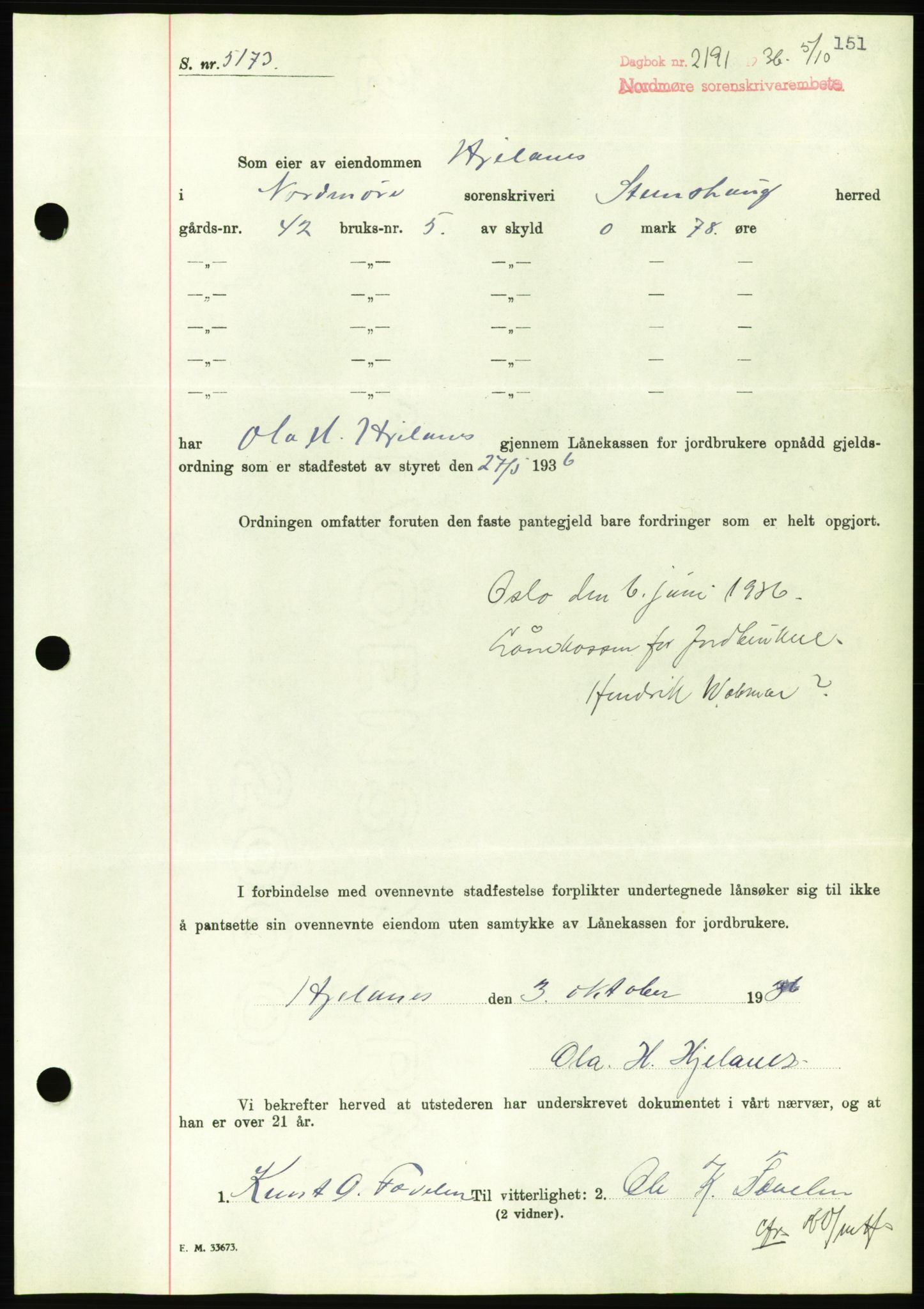 Nordmøre sorenskriveri, AV/SAT-A-4132/1/2/2Ca/L0090: Mortgage book no. B80, 1936-1937, Diary no: : 2191/1936