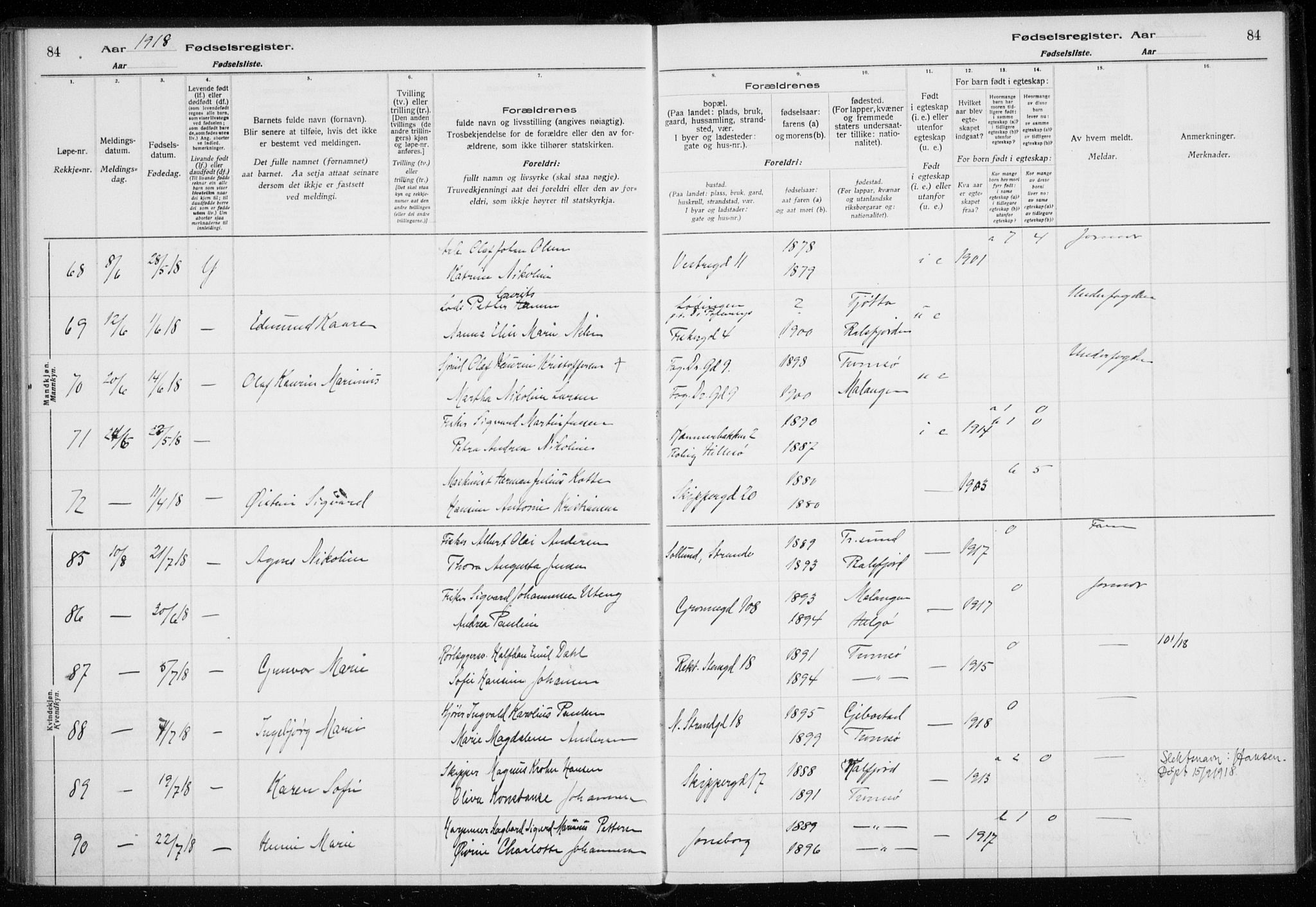 Tromsø sokneprestkontor/stiftsprosti/domprosti, AV/SATØ-S-1343/H/Ha/L0131: Birth register no. 131, 1916-1921, p. 84