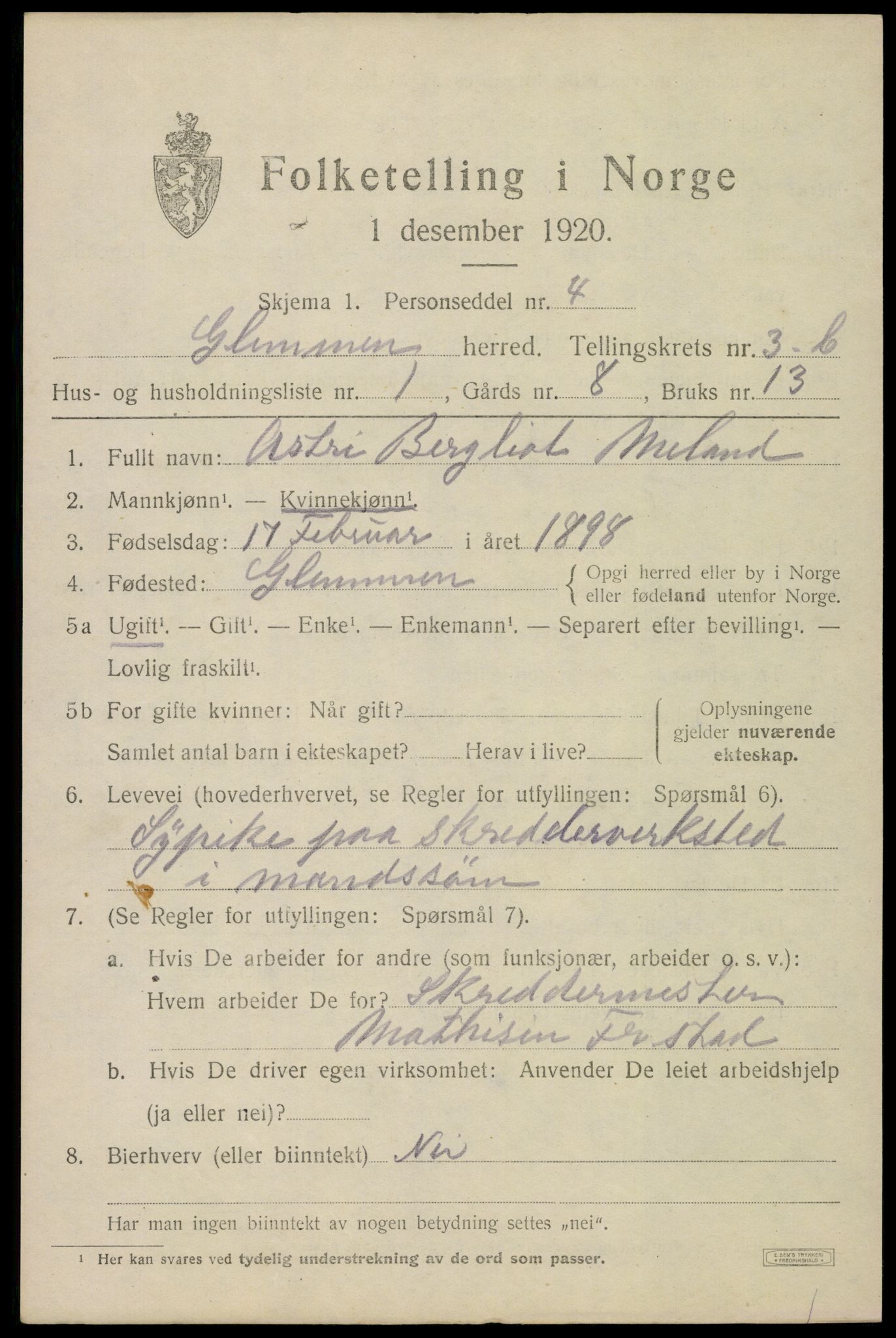 SAO, 1920 census for Glemmen, 1920, p. 9037