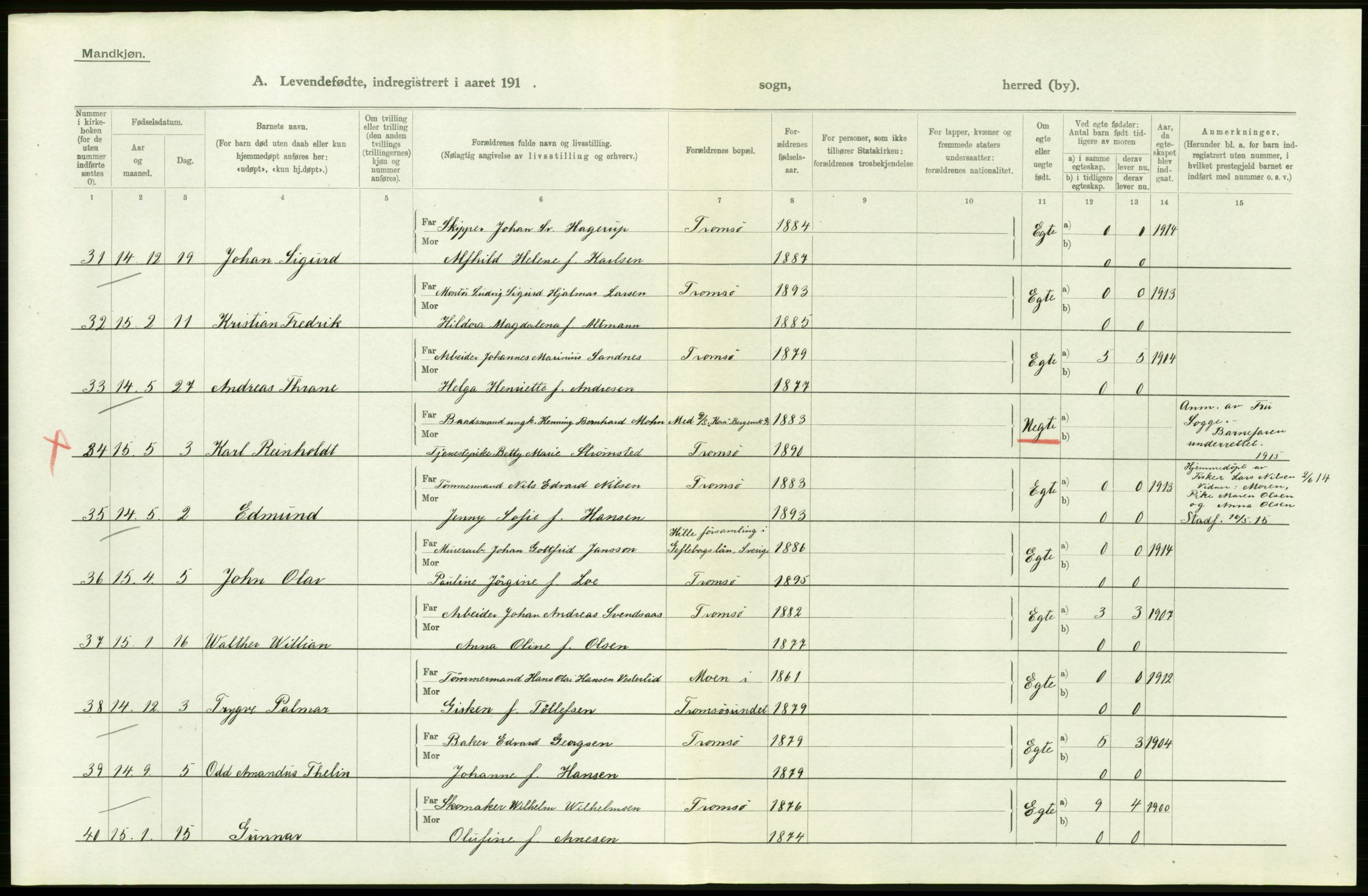 Statistisk sentralbyrå, Sosiodemografiske emner, Befolkning, AV/RA-S-2228/D/Df/Dfb/Dfbe/L0051: Tromsø amt: Levendefødte menn og kvinner. Bygder og byer., 1915, p. 38