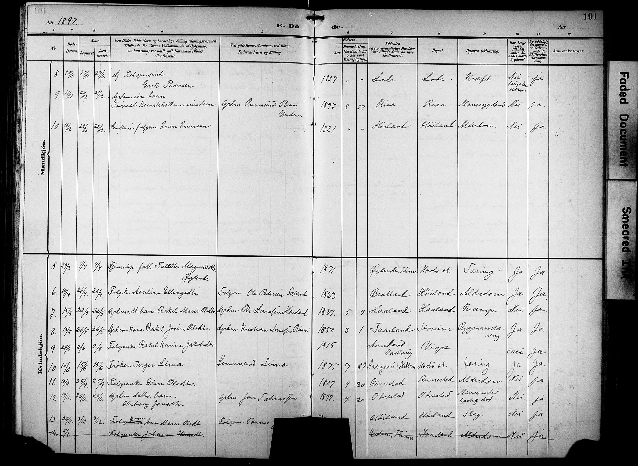 Hå sokneprestkontor, AV/SAST-A-101801/001/30BB/L0005: Parish register (copy) no. B 5, 1894-1912, p. 191